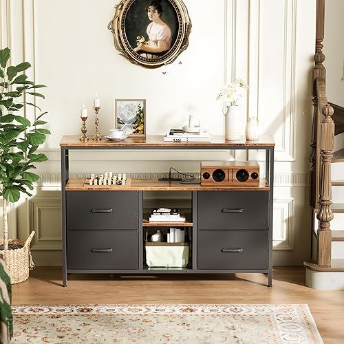 Miniatura 9 de Huuger Mueble de TV con tomas de corriente y luces LED, centro de entretenimiento de 4 cajones con estante abierto, consola multimedia para TV de 50