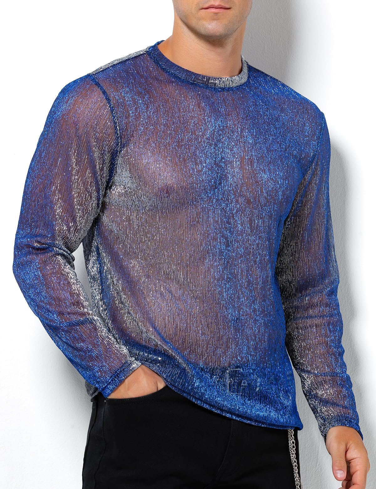 Casey Kevin Camiseta Transparentes Manga Larga Hombre Brillo Lentejuelas Rejilla Camisa Fiesta Plateada Brillante Ropa Sexy Top Fiesta Discoteca Punk Nocturno Jazz Rock Hip Hop Dance Clubwear