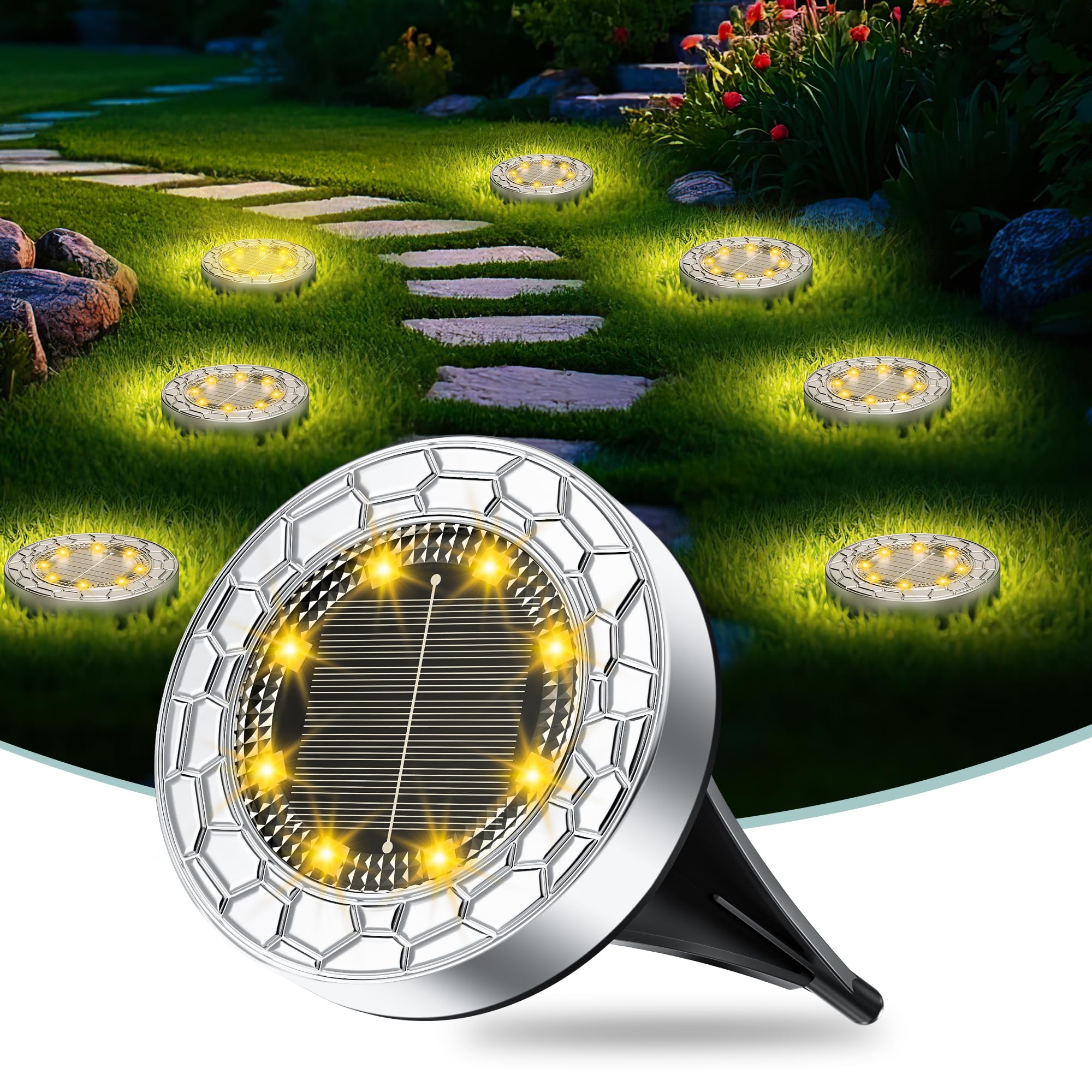 FIFlying Solar Lights Outdoor Garden, 6 Pack Warm White 8 LED Stone Design Stainless Steel Solar Garden Lights, IP65 Waterproof Ground Light for Pathway, Lawn, Yard Decorative Lighting