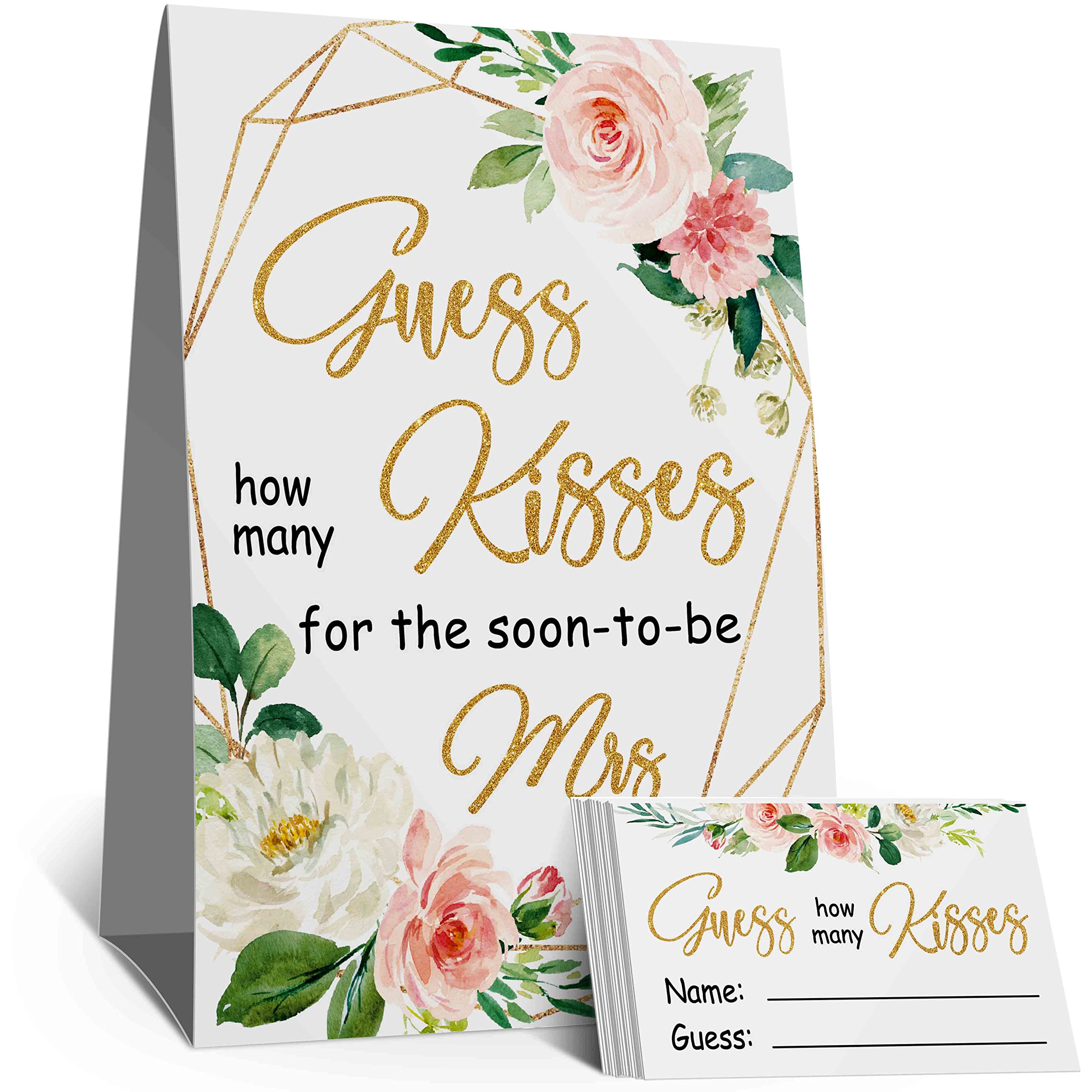 How Many Kisses Bridal Showers Game, watercolor Pink Flowers ,Guess How Many Kisses for The Soon To Be Mrs, Bridal Tribe Party, Golden Wedding