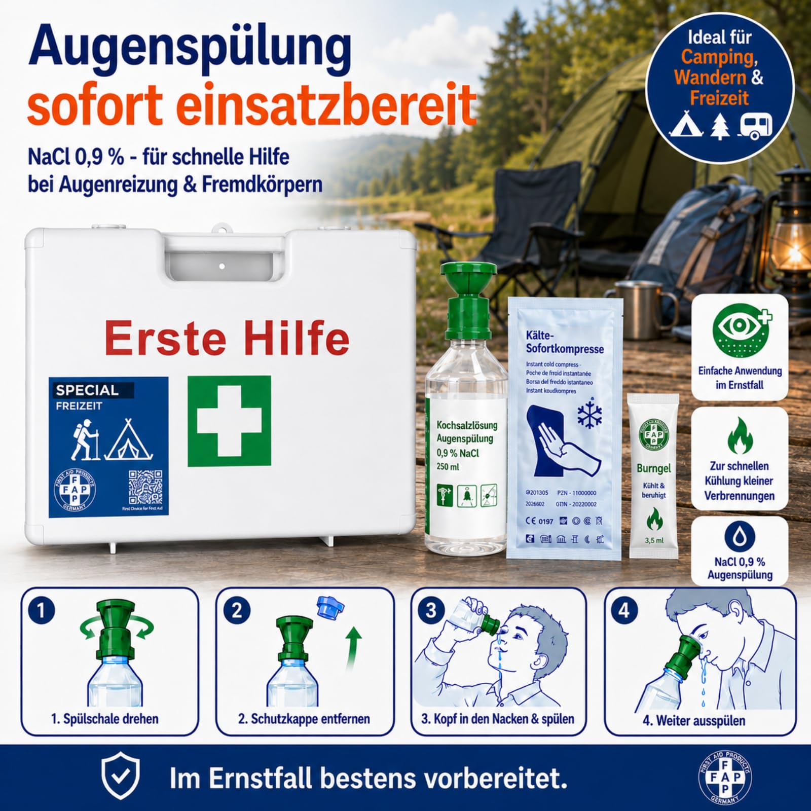 FAP Erste-Hilfe-Koffer Freizeit DIN 13157 gefüllt - Weiß | Burngel & Beatmungstuch | Camping Jugendherberge Pfadfinder Ferienlager Verein Outdoor Camp, Betriebsverbandkasten Wandhalterung -33×42×15 cm