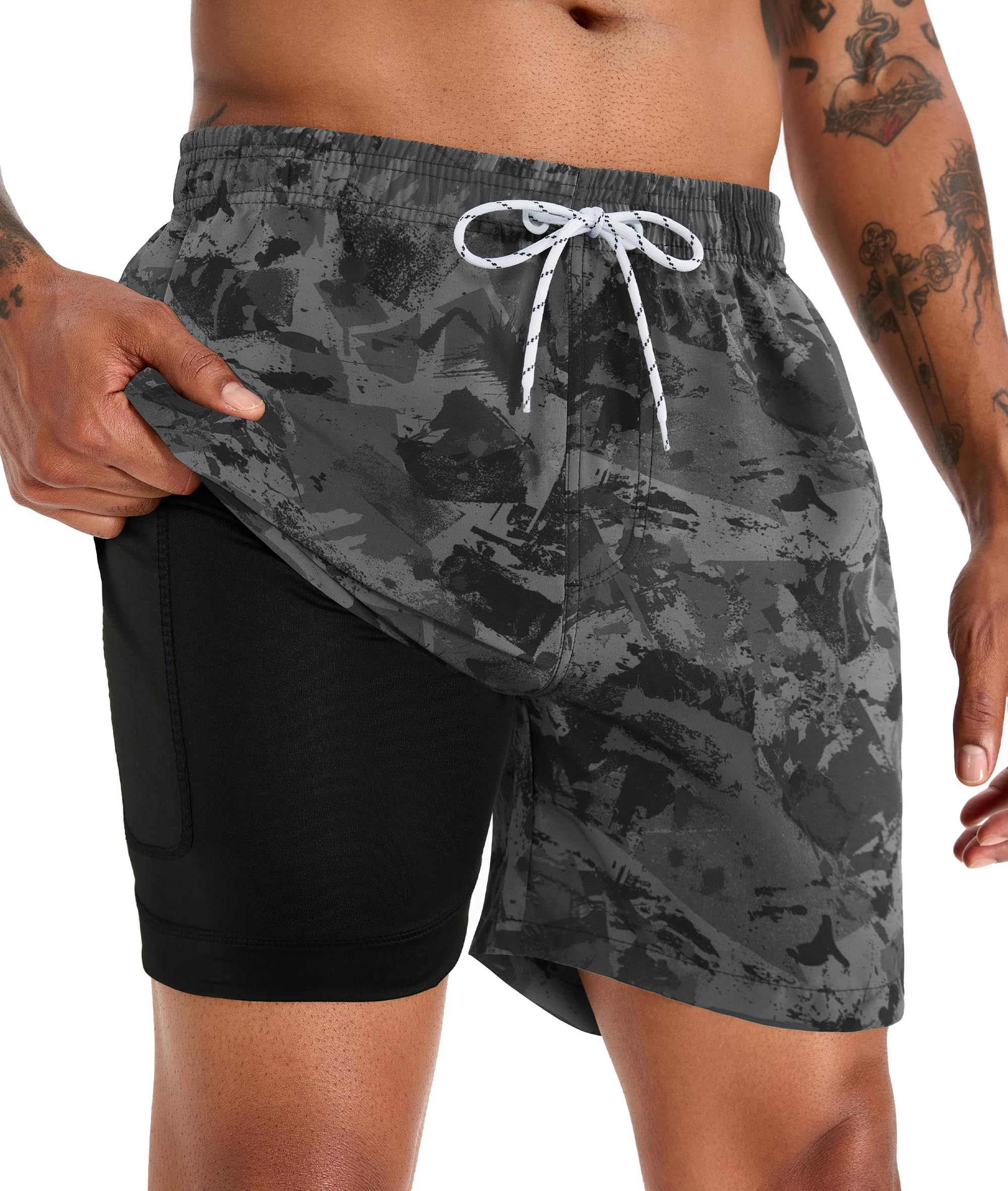 APTRO Herren Badehose Badeshorts Schwimmhose Board Shorts Kurz Schnelltrocknend 2 in 1 Strand Shorts mit Innenhose