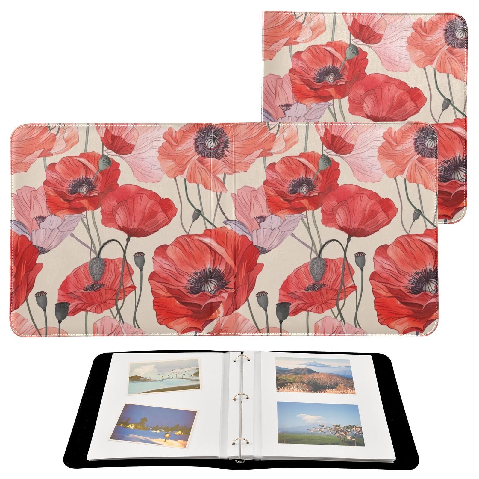 JIPONI Poppy Flowers Pattern Large Photo Album, DIY Leather Cover Scrapbook Albums for 4x6 5x7 6x8 Pictures, Self Adhesive Memory Book for Wedding, Baby, Family