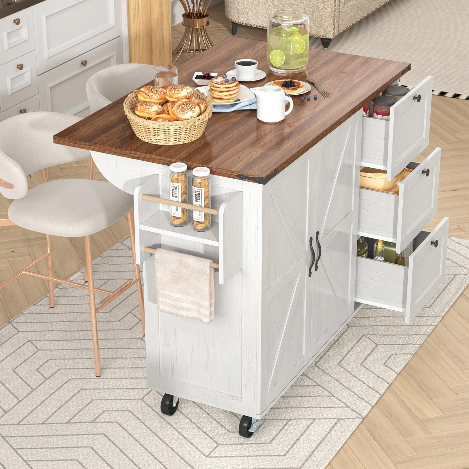 Desserte Ilot de Cuisine sur roulettes, Meuble de Cuisine avec Plans de Travail Rabattable, Desserte desserte de Cuisine Multi Rangements avec 2 Tiroirs et 2 Portes, 120x45-73x92.5 cm, Beige