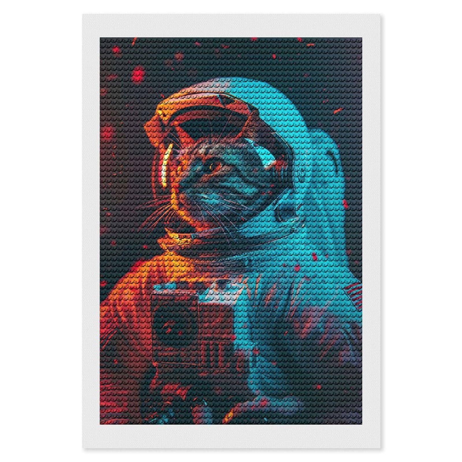 Junmoney Cat Astronaut DIY Diamond Art Canvas Kit 8"x12", Adhesive Canvas, Easy to Enjoy, Farmhouse Decor, Festive Craft Gift