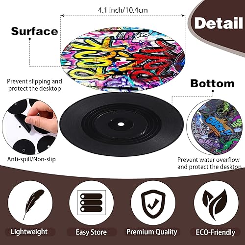 Miniatura 2 de Boao 6 posavasos retro divertidos para discos de vinilo para bebidas, 4 pulgadas, posavasos geniales con soporte de madera retro, posavasos para
