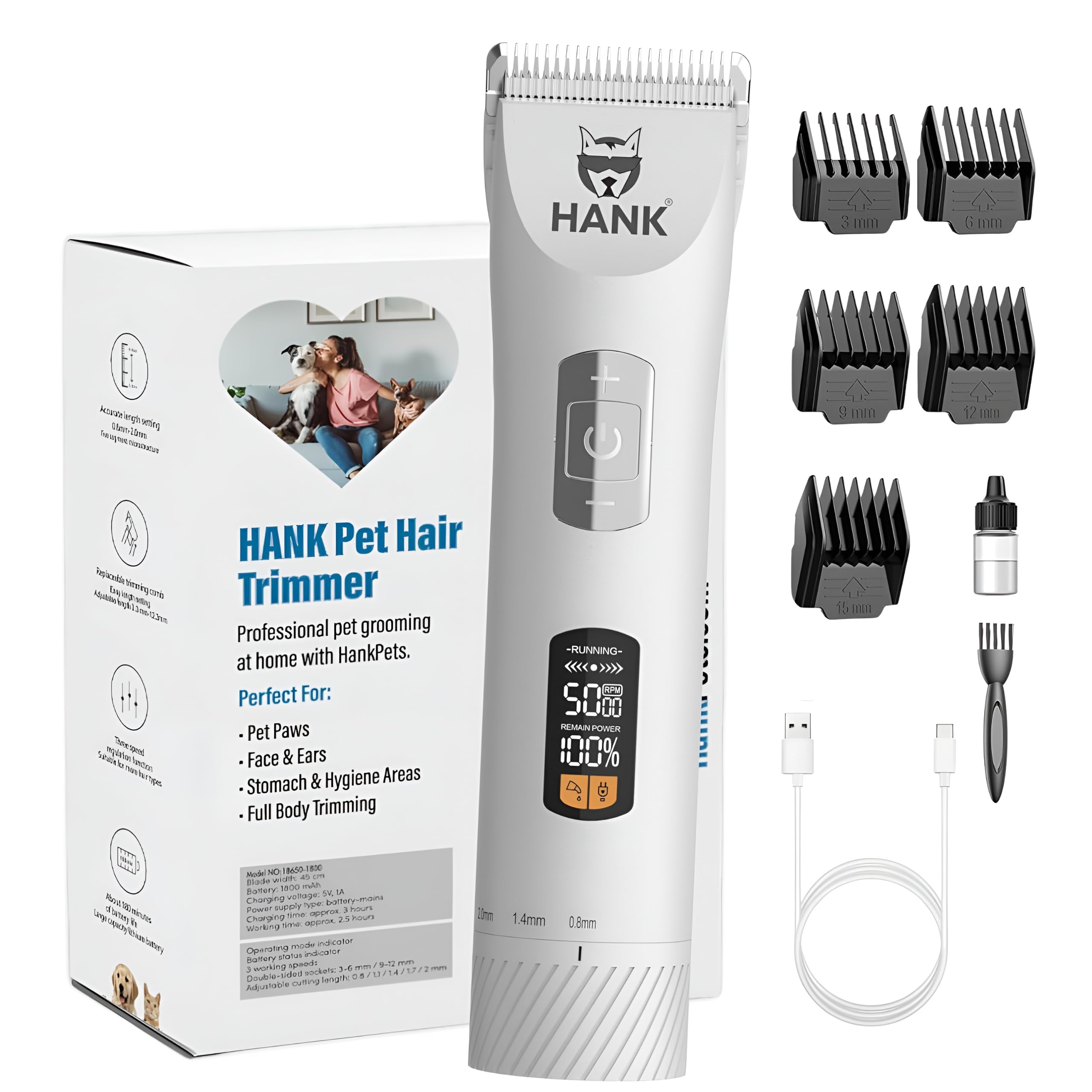 HANK Dog Hair Trimmer - Pet Hair Clipper for Cats - Fur Grooming Shaver - Titanium Blade - LCD Display - Cordless - 3 Speed Mode - Low Noise - Rechargeable Thick Hair Cutting Machine