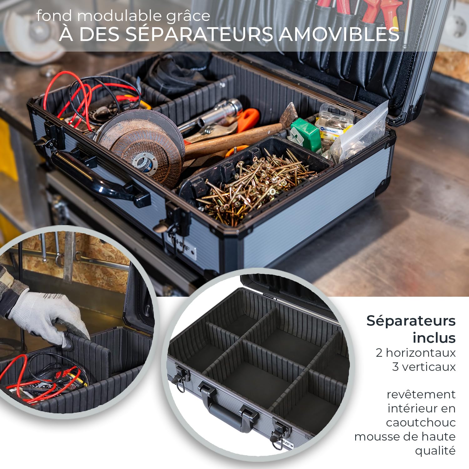 HMF Mallette à outils en aluminium vide avec 17 compartiments à insérer pour outils, grande caisse à outils avec compartimentage réglable | 46 x 33 x 15 cm | anthracite-noir