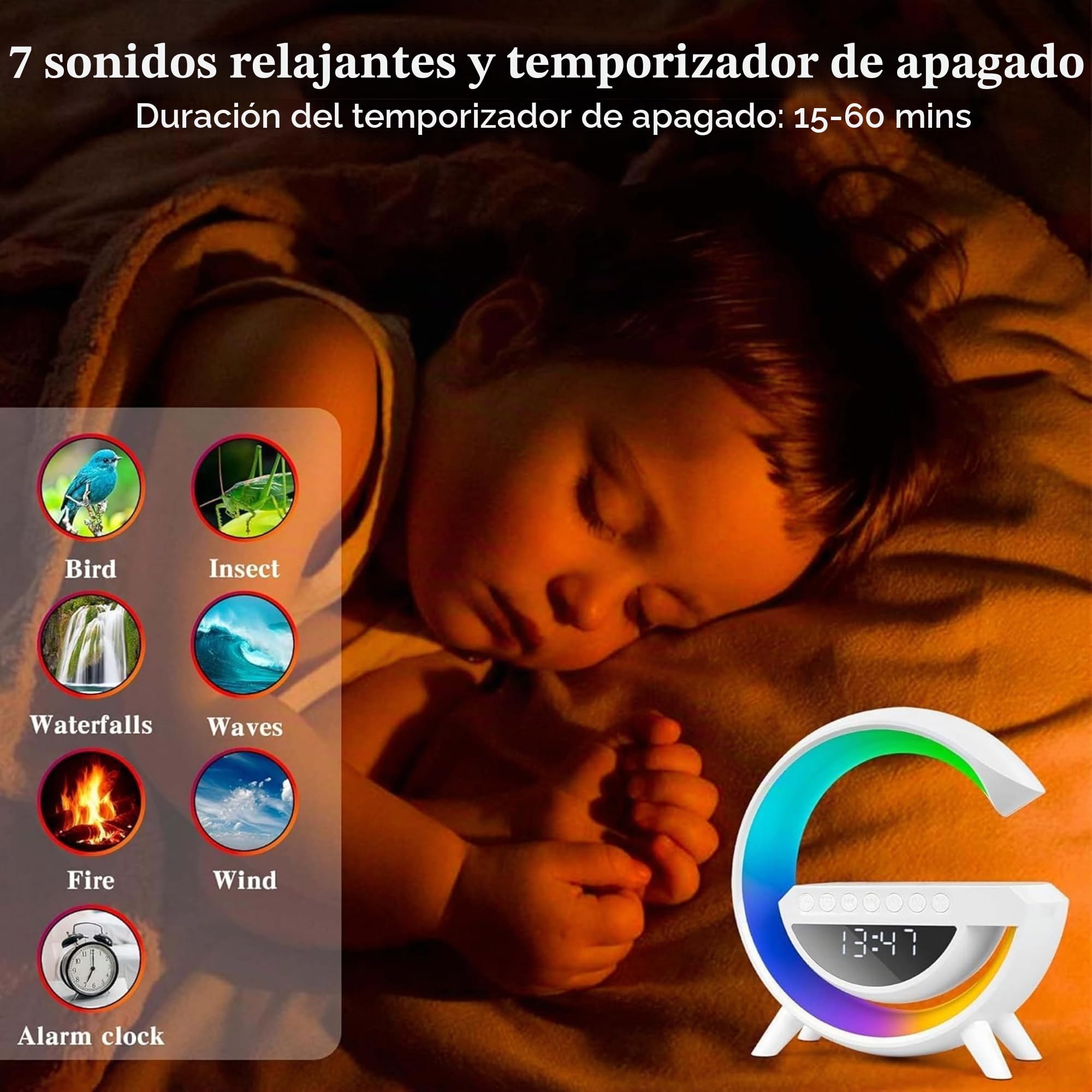 Altavoz Inteligente Sandalfon con Cargador Teléfono Inalámbrica, Bluetooth, Reloj Despertador con Luz, Lampara de Mesa LED Sincronización de Música 5 in 1, Dormitorio, Habitación, Oficina , Regalos