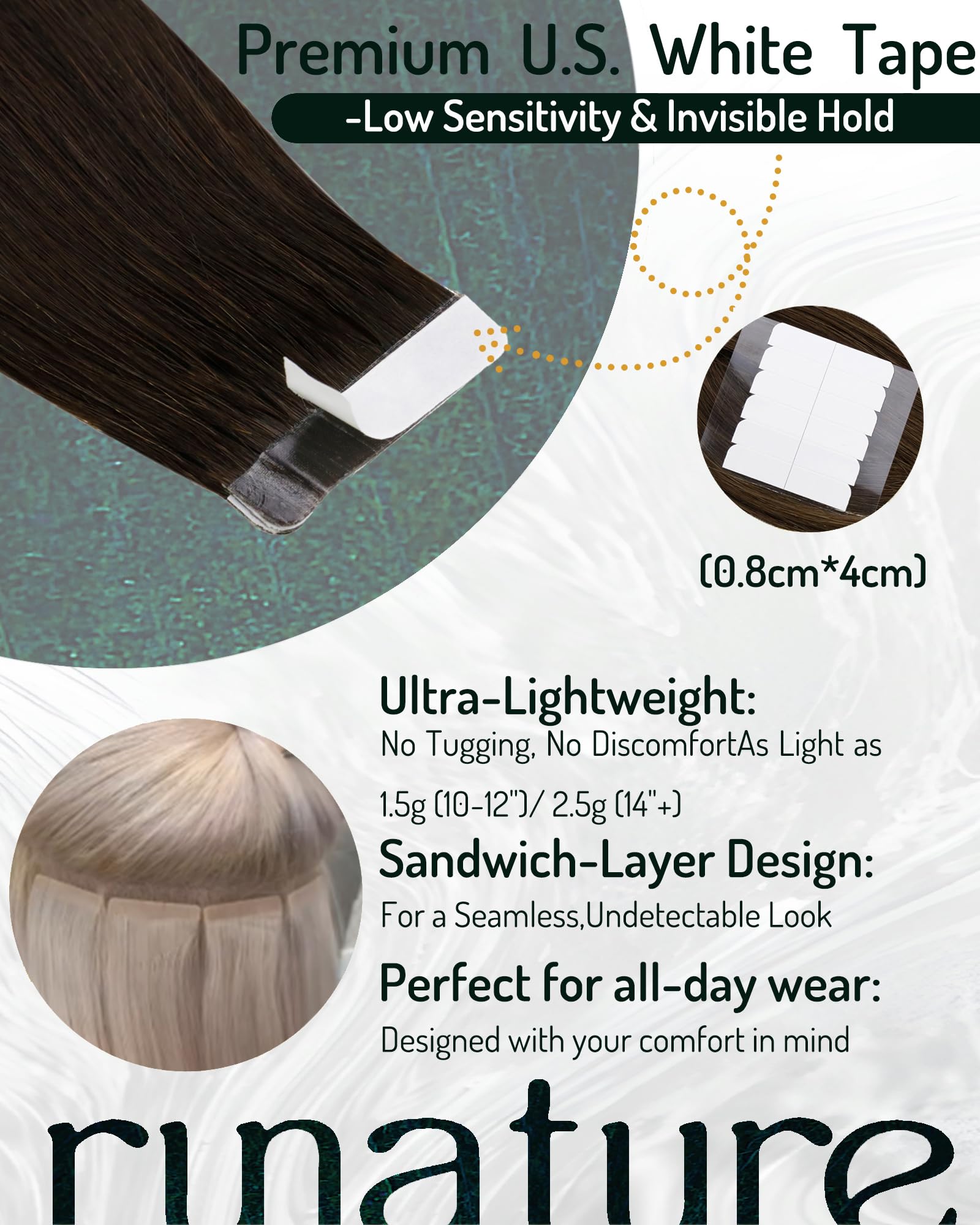 RUNATURE 18 Inch Tape in Hair Extensions Human Hair Dark Brown Tape Hair Extensions Real Human Hair Invisible Tapes Remy Straight Darkest Brown Hair 20pcs 50g #2 - Image 3