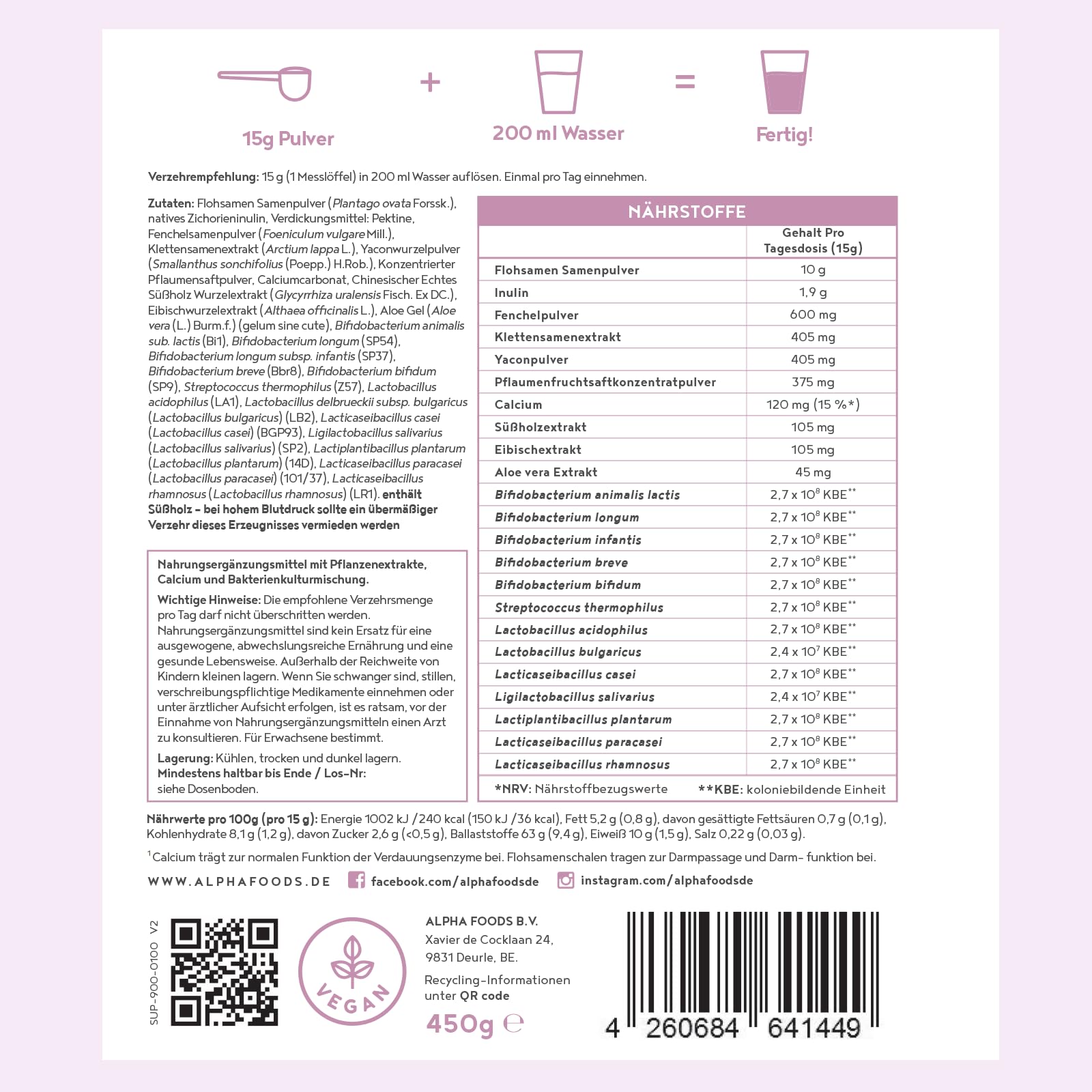 Darm-Elixier 2.0 | 450g Daily Gut Pulver | Darmkur mit Ballaststoffe & zur Unterstützung der Darmflora Aufbau | 750 Mrd KBE, Flohsamenschalen & Inulin zur Darmgesundheit | Ohne Aromen | Alpha Foods