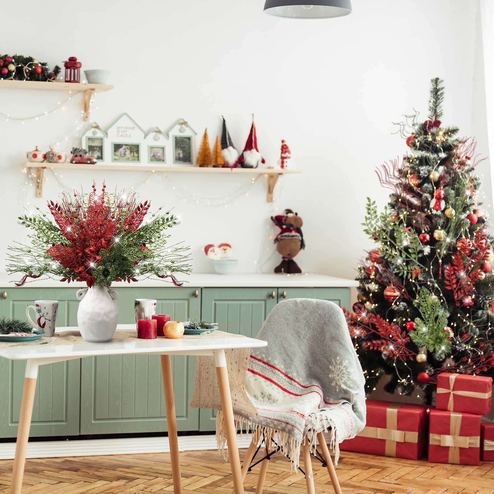 Thiccywoov Künstliche Glitzer-Beerenstiele, Ornamente, 44 cm, künstliche Weihnachtsspieße mit Weihnachtsstern, dekorativ, Glitzer-Beerenstäbchen, Zweig für Weihnachtsbaum, DIY-Kranz (Rot Grün)