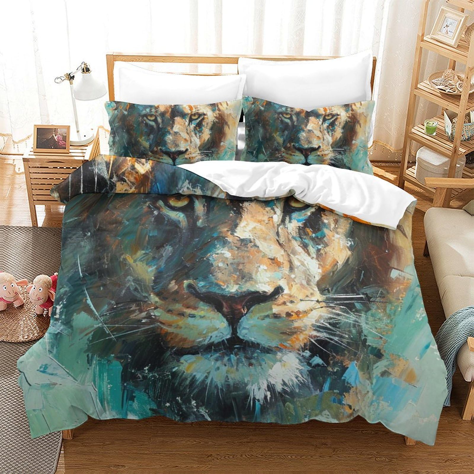 Ensemble housse de couette lion 3D ultra douce et respirante 3 pièces taille 220x240cm