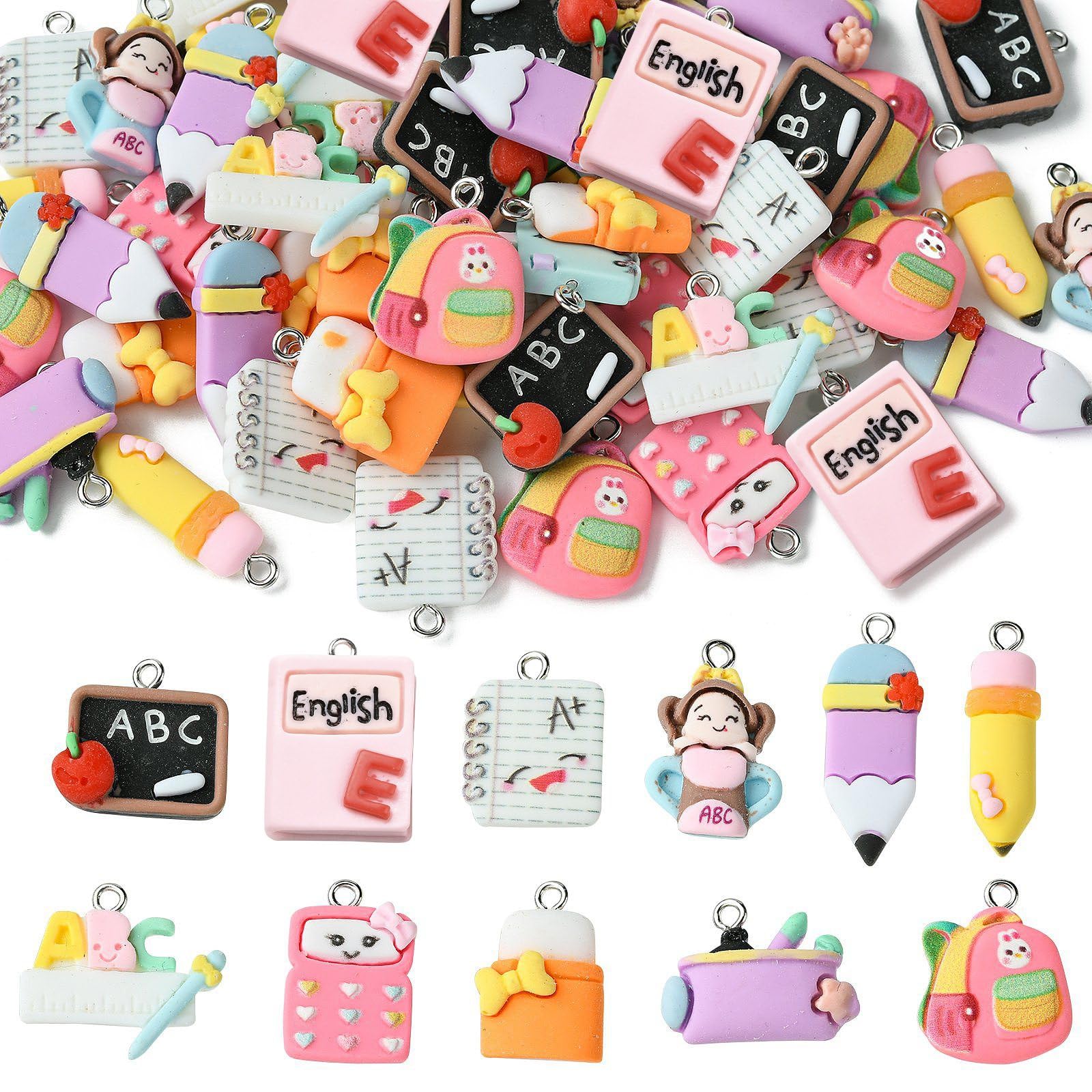 Stiesy 55Pcs 11 Styles Study Theme Resin Charms Study Supplies Pendant Charm Book Pencil Bag Calculator Dangle Charms for Jewellery Making DIY Bracelet Crafting