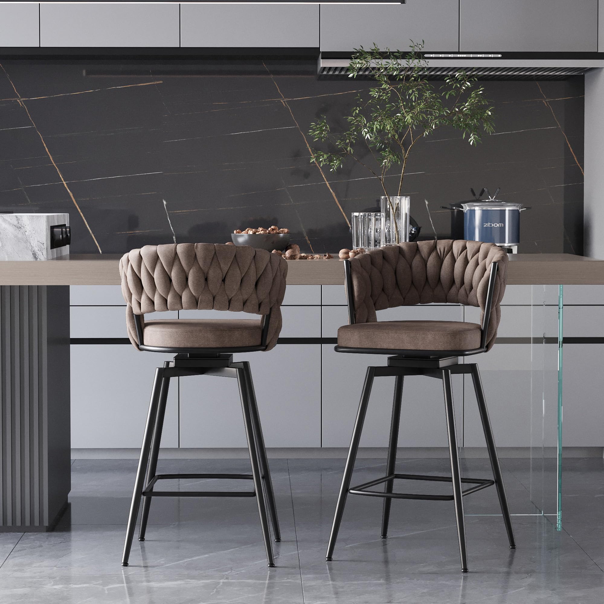 Hilknen Swivel Bar Stools Set of 2, Modern 360° Swivel Bar Stools, 25 inch Modern Bar Chairs with Woven Back & Footrest, Counter Height Bar Stools for