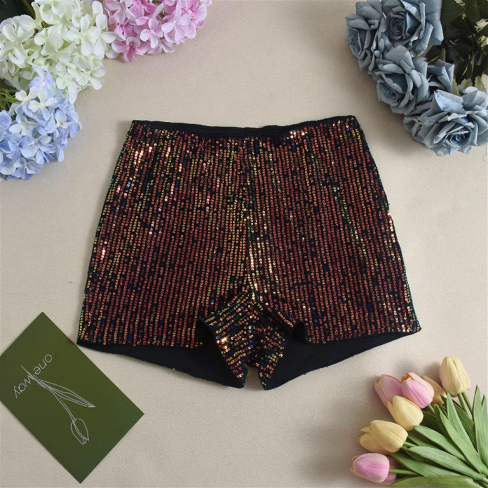 Damen-Shorts mit Pailletten, hohe elastische Taille, einfarbig, glitzernd, Party-Shorts Pailletten Short Damen Glitzer Short Karneval Kostüm Festival Rave Outfit Pailettenkleid