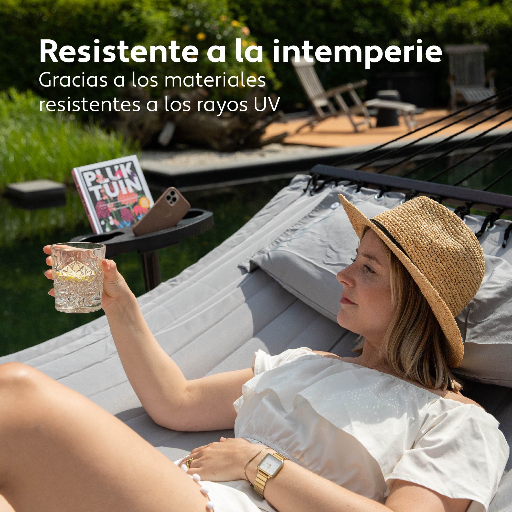 VITA5 Hamaca Doble con Soporte y Mesa Auxiliar 200 kg | Disfruta del Descanso en Jardín o Piscina con Portabebidas Integrado y Espacio para Dos Personas