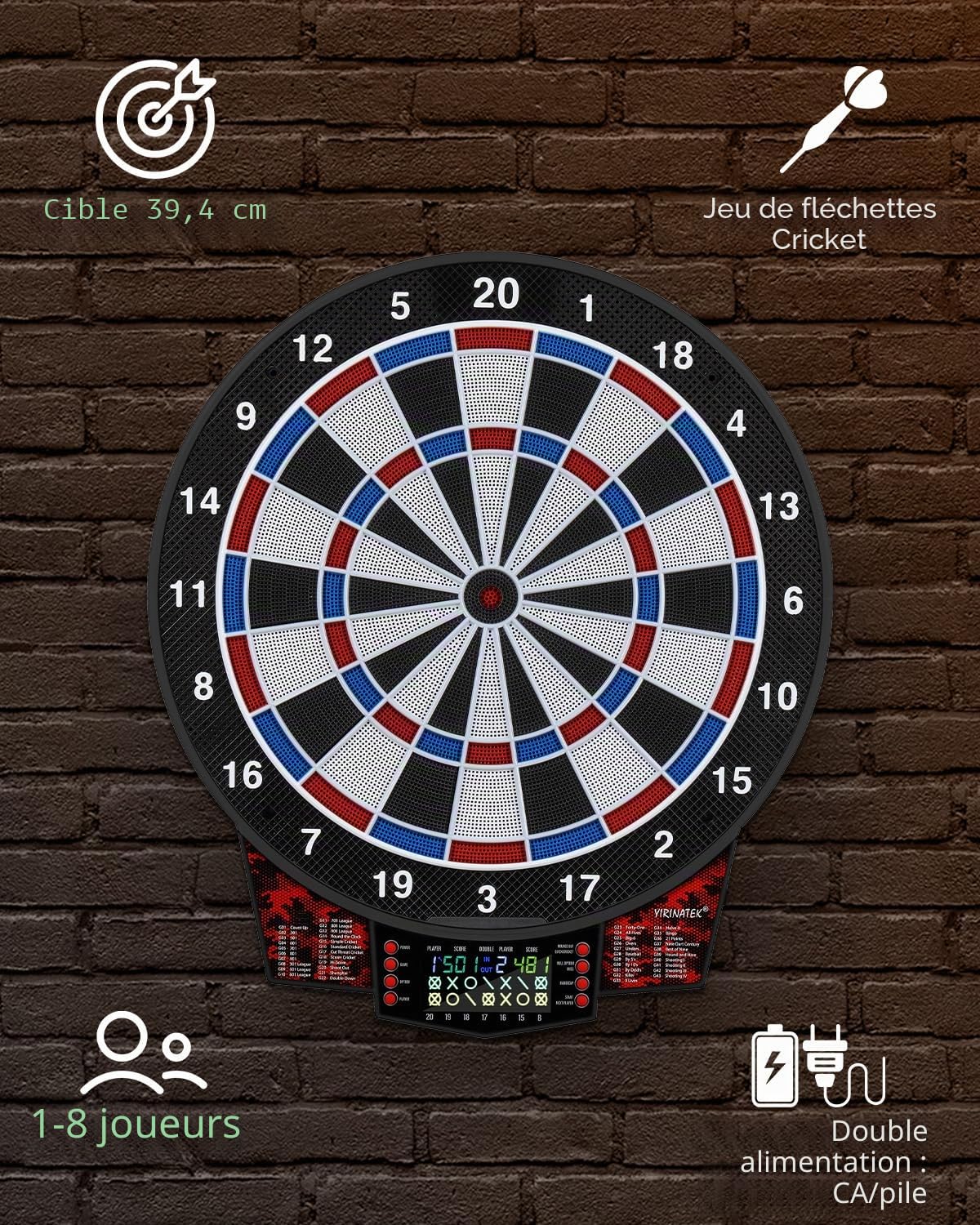 Jeu de Fléchettes Électronique Professionnel 15,5 Pouces – Cible avec 43 Jeux et 320 Variantes, Écran Couleur pour 1-8 Joueurs