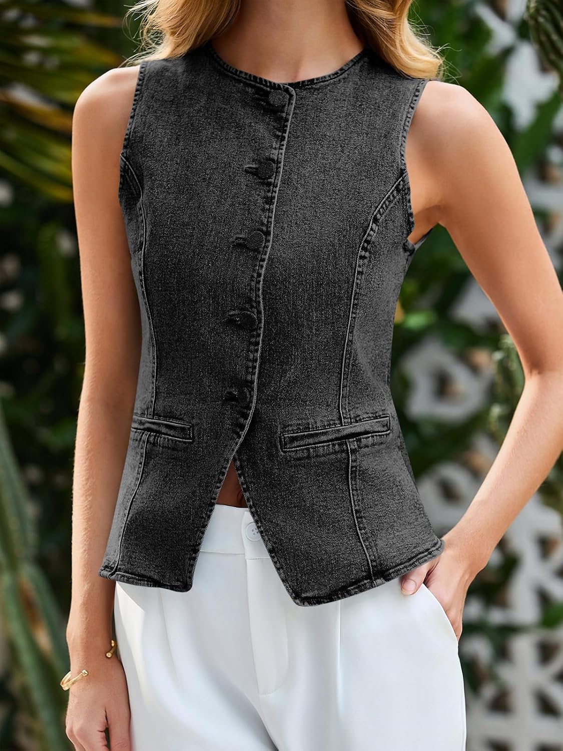 Tankaneo Womens Button Down Denim Vest Tops Sleeveless Fitted Jean Tank Tops Summer Trendy Casual Waistcoat - Image 2