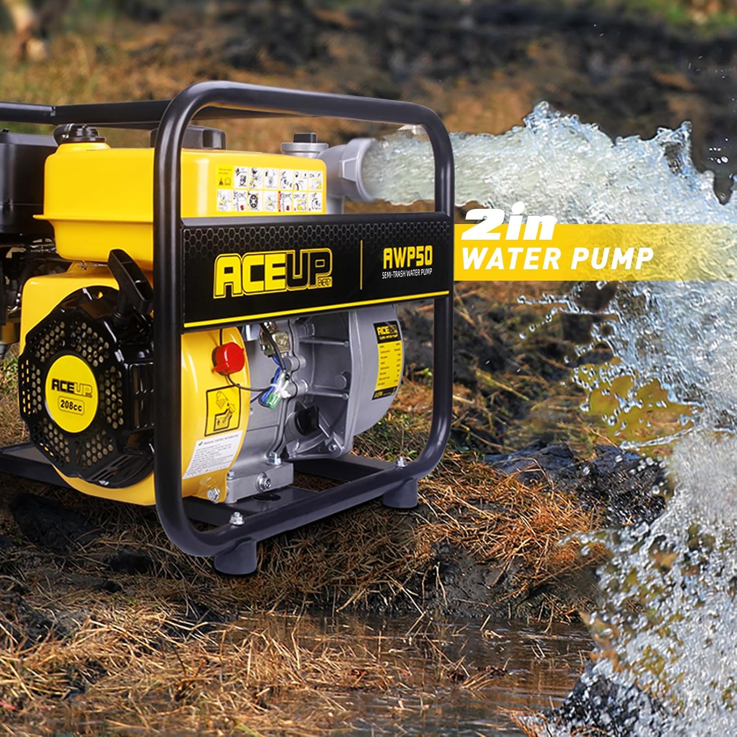 Aceup Energy Semi Trash Pump 2 Inch, Powered by 158 GPM 7HP Gasoline Engine, 208cc Portable Irrigation Water Pump with Hose, EPA Certified