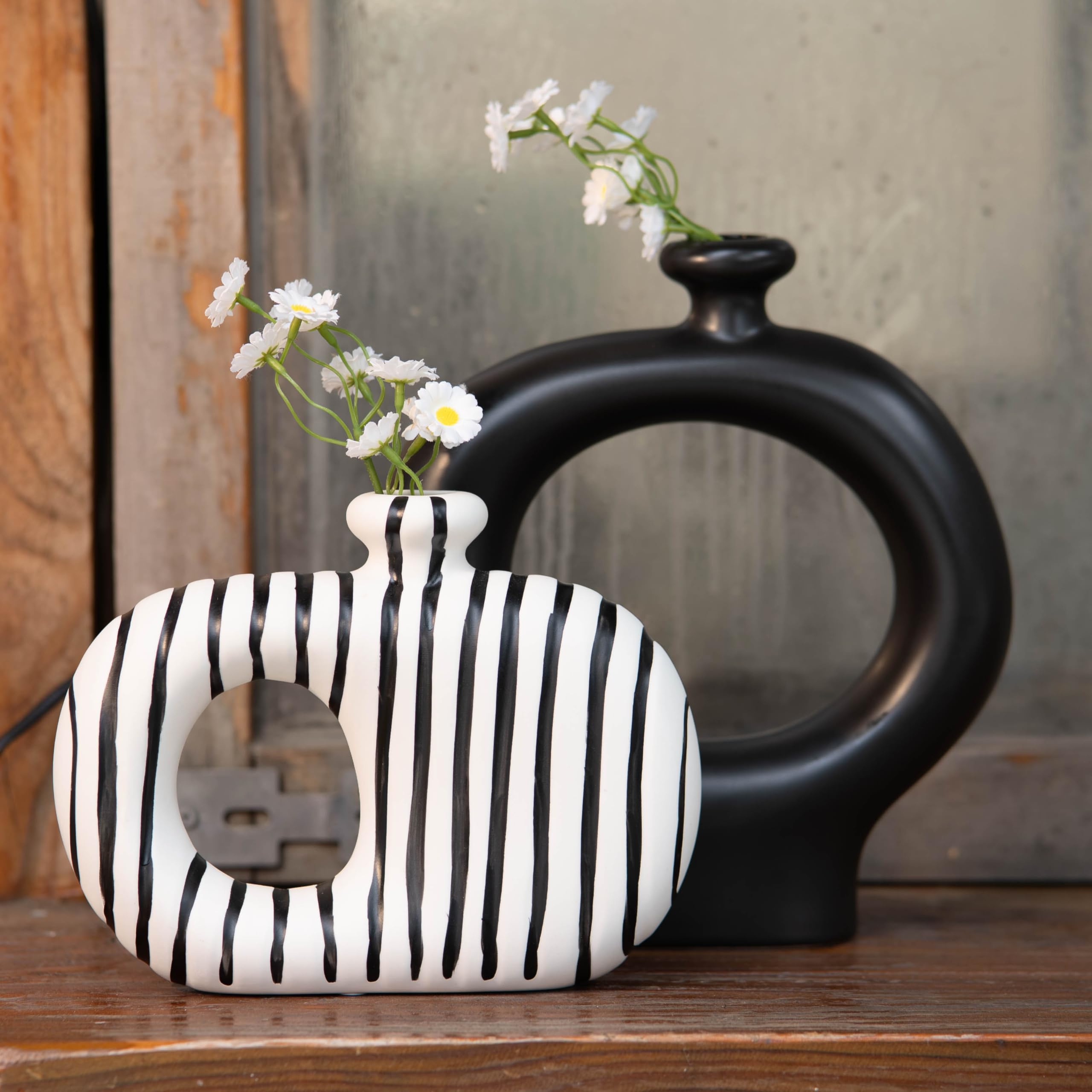 Relexome Keramikvasen, 2er-Set, modern, gestreift, Donut-Blumenvasen, minimalistisch, nordischer Stil, Schwarz und Weiß, dekorative Vasen für Heimdekoration, Tischdekoration, Wohnzimmer, Bücherregal