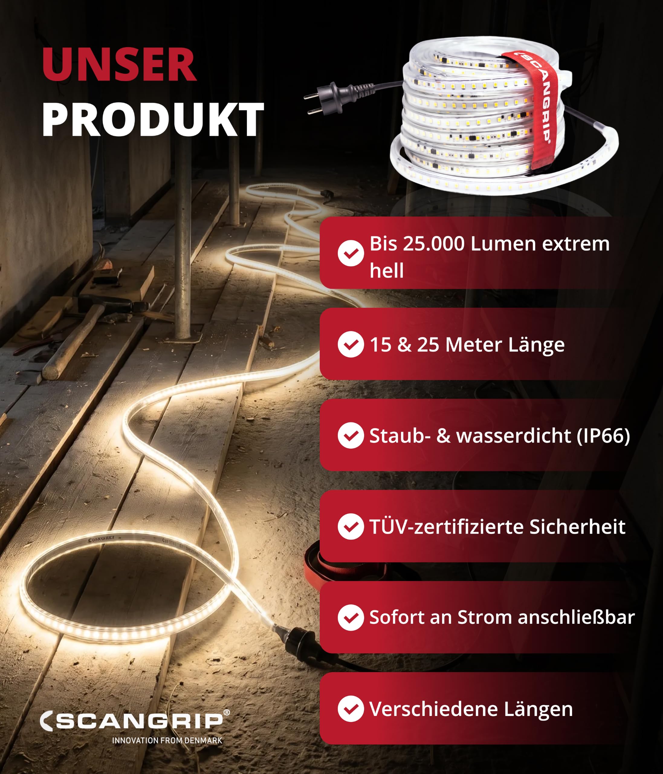 Scangrip® Rope Light, LED Lichtschlauch Baustelle 15m – 15000 Lumen, IP66, EMV-zertifiziert, TÜV geprüft, direkt anschließbar – Baustellenbeleuchtung & Lichtbandtrommel – für Profis