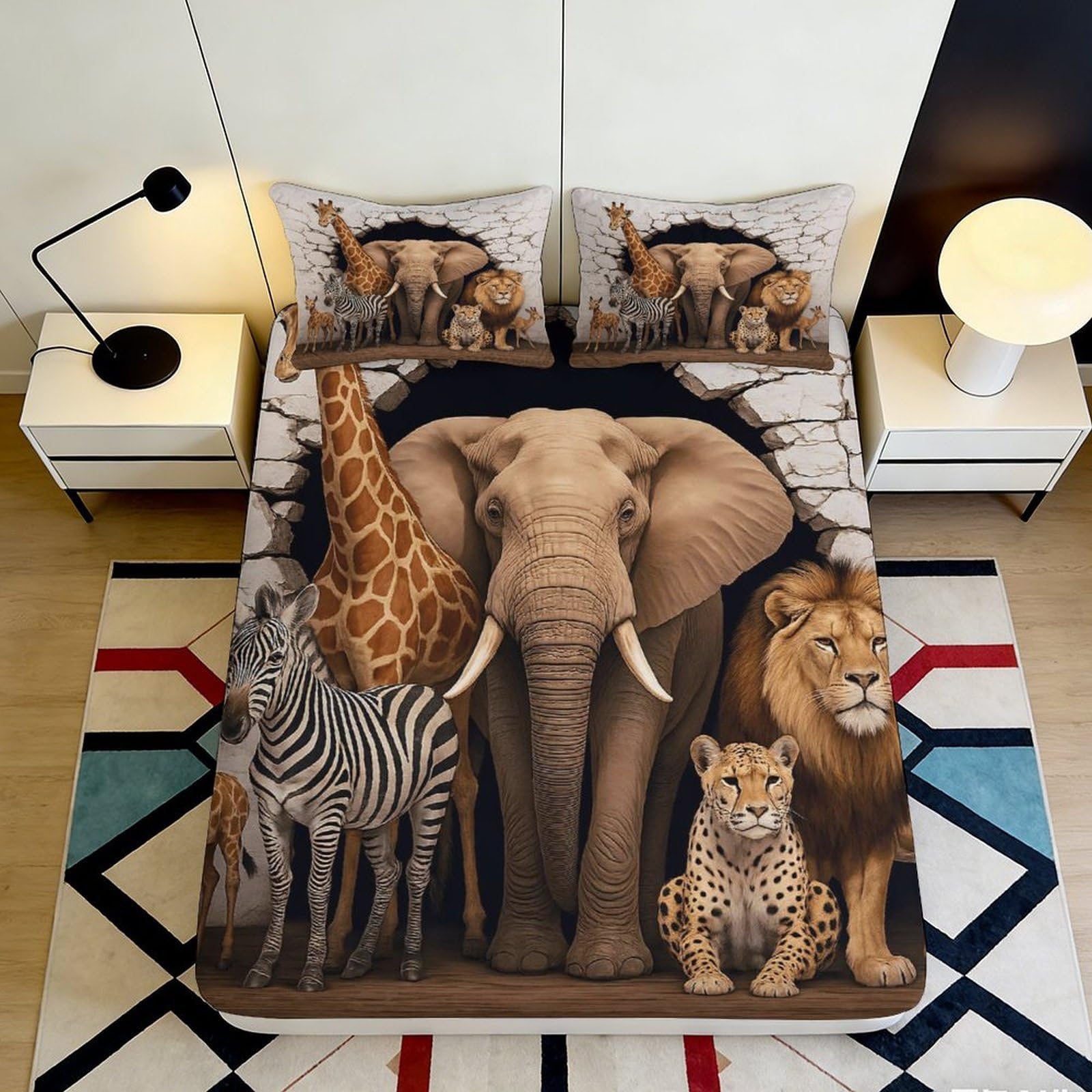 3D Printed African Wildlife Fitted Sheet Microfiber Soft Breathable Safari Animals Bed Cover for Bedroom Dormitory Guest Room Mattress Protection Decor 160x200x25cm