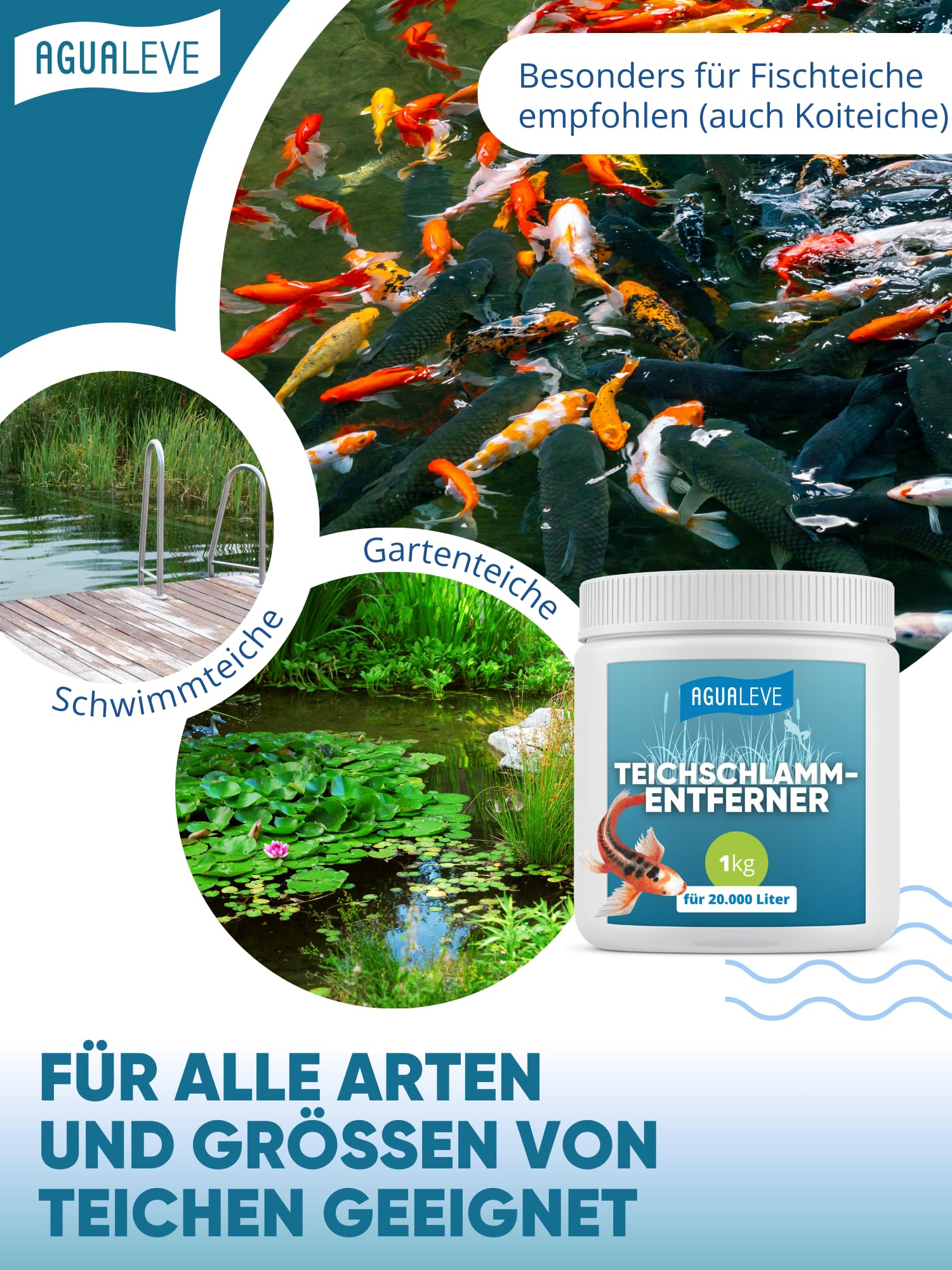 AGUALEVE® Teichschlammentferner 1kg *NEU* | extrem effektiv gegen Teichschlamm Dank innovativer Sauerstoff-2.0-Formel | für Fisch-, Garten- & Schwimmteiche | Made in Germany | für 20.000l Teichwasser