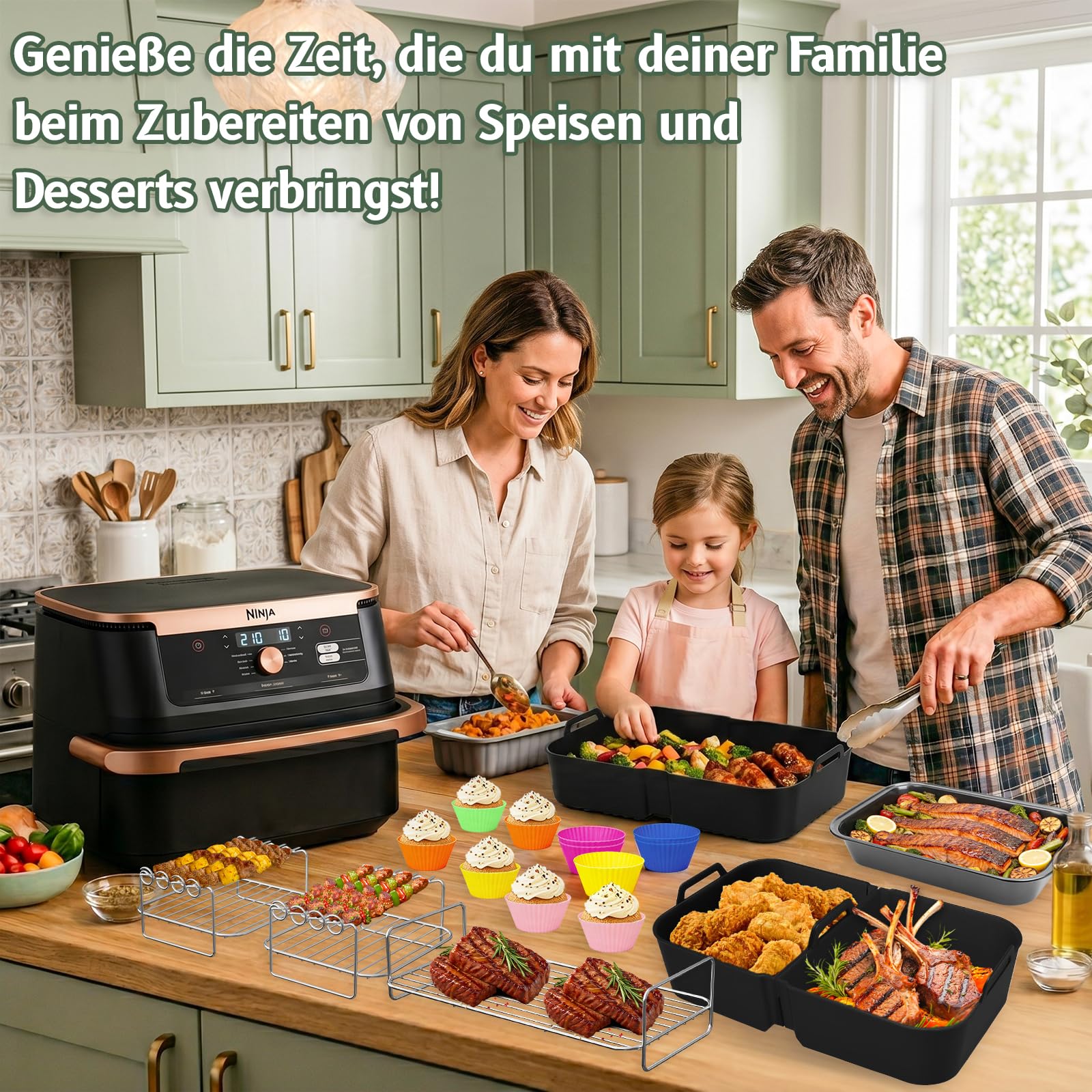 Airfryer Zubehör für Ninja AF500EU Foodi FlexDrawer Dual Zone Ninja Heißluftfritteuse Zubehör mit 1×10,4L und 2×5,2L Silikonform & Grillrost, BPA-frei Wiederverwendbar (31 Stück)