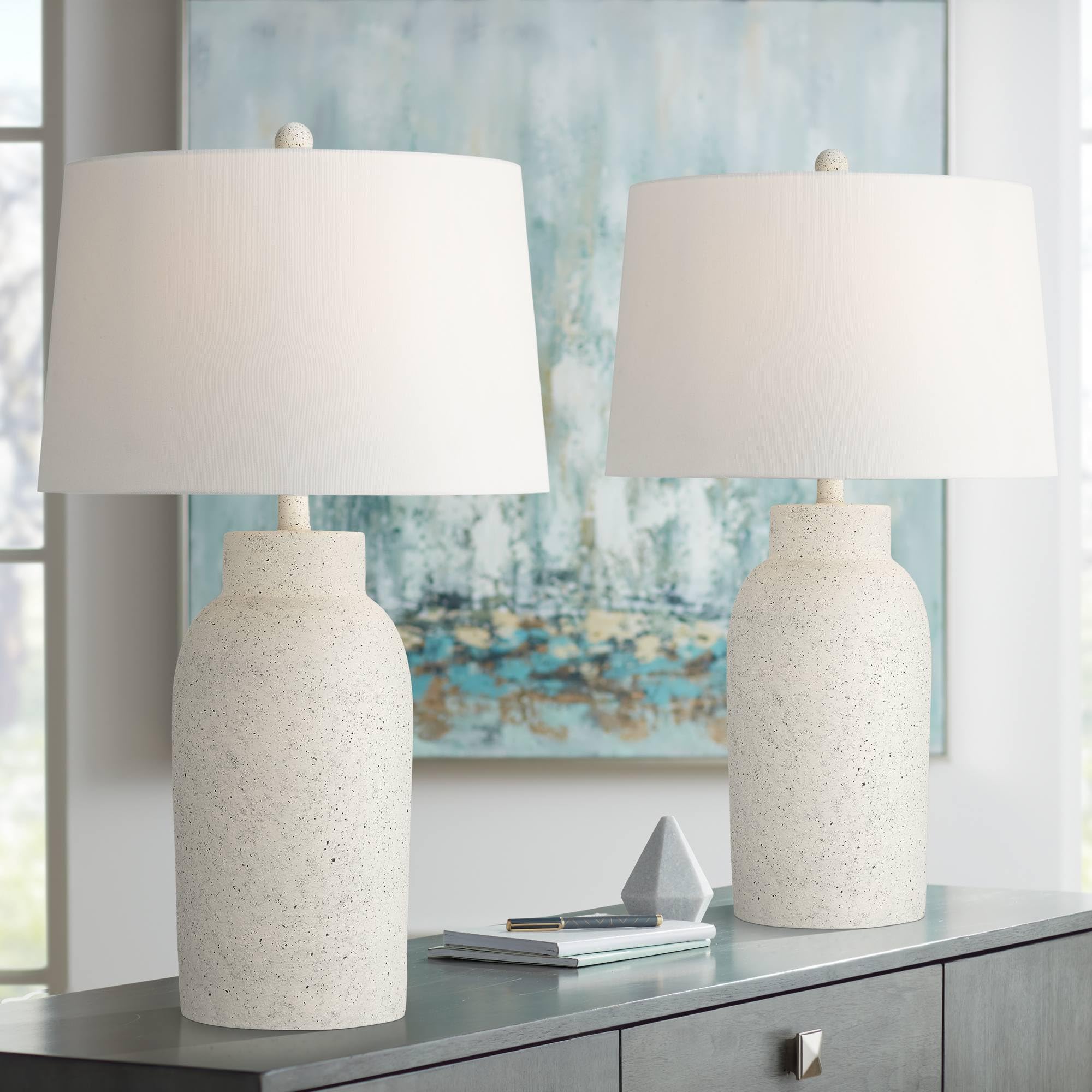 Jaime 27 1/2" Tall Modern Coastal 3-Way Table Lamps Set of 2 Faux White Sandstone Finish Fabric White Shade Living Room Bedroom Bedside Nightstand House Office Home Reading Kitchen