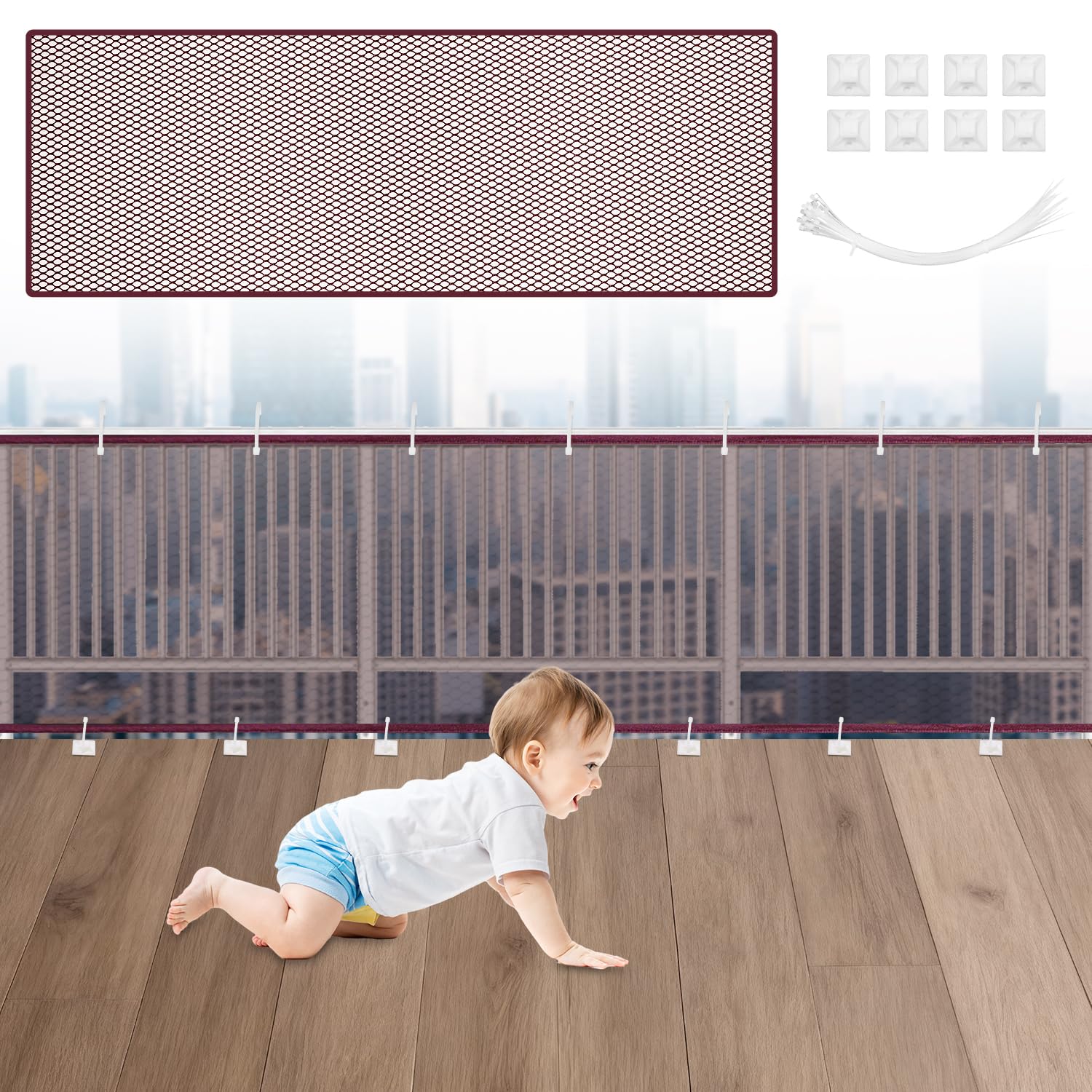 Red de Seguridad Infantil, Red de Seguridad Niños para Escaleras, Barandillas y Vallas, Reds de Seguridad para Balcones robustas y Ajustable para niños, Mascotas y Juguetes, 300 x 90 cm, Marrón