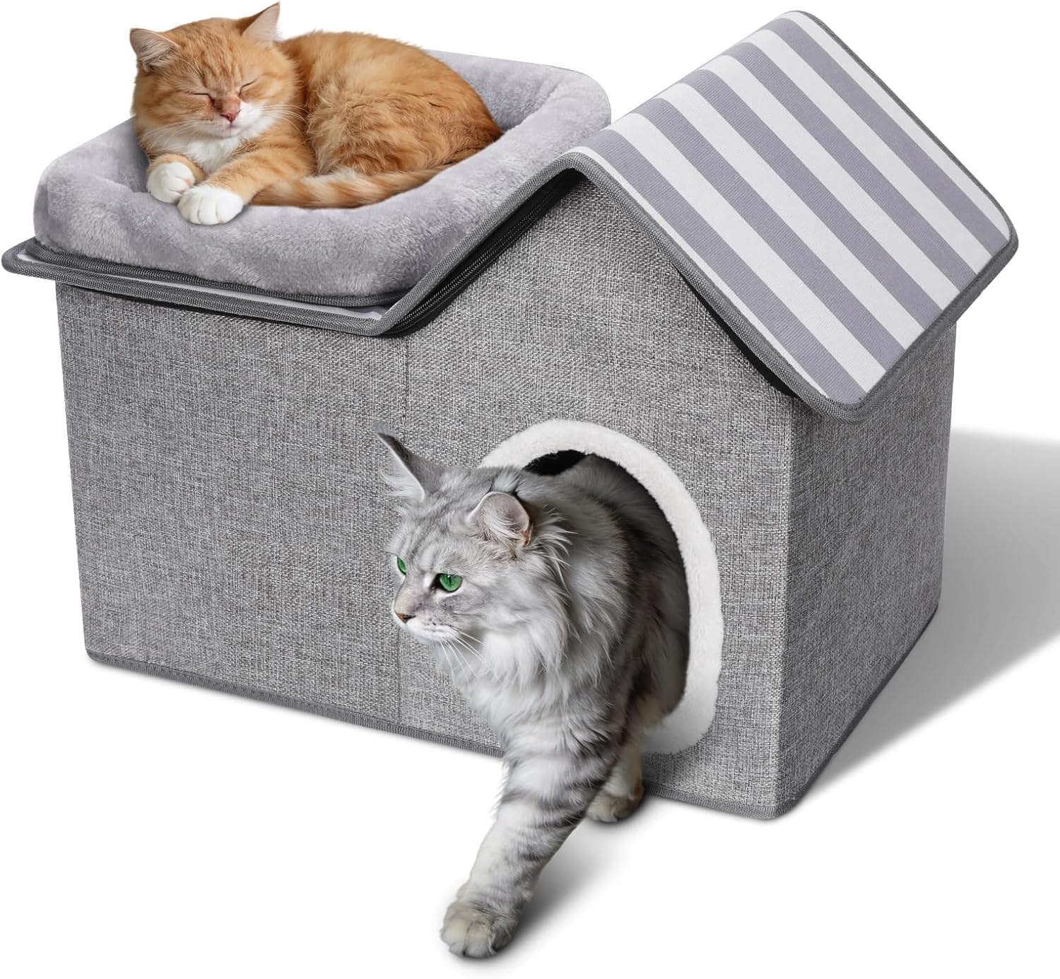 Masthome Niche pour Chat Intérieur Semi-Ouverte, Maison pour Chat 2 Étages sans Assemblage, Lit Pliable avec Coussin Amovible en Lin Respirant, Confortable pour Chatons et Petits Chiens Gris