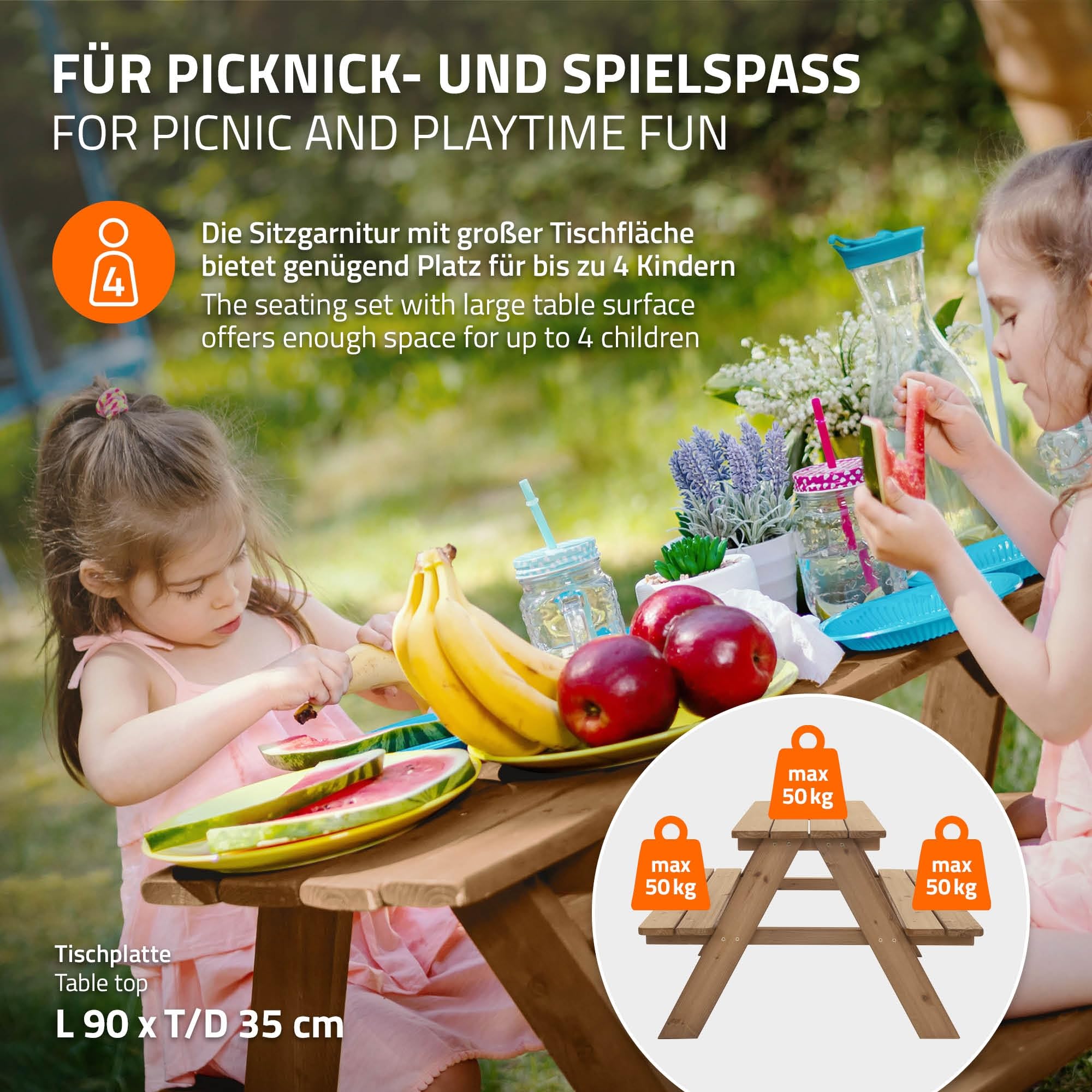 ML-Design Set di Sedute da Esterno per Bambini Marrone in Legno Massiccio Set con 2 Panche e Tavolo da Picnic da Giardino con 4 Sedute Mobili con 2 Panche Incorporate per Bambini da Gioco
