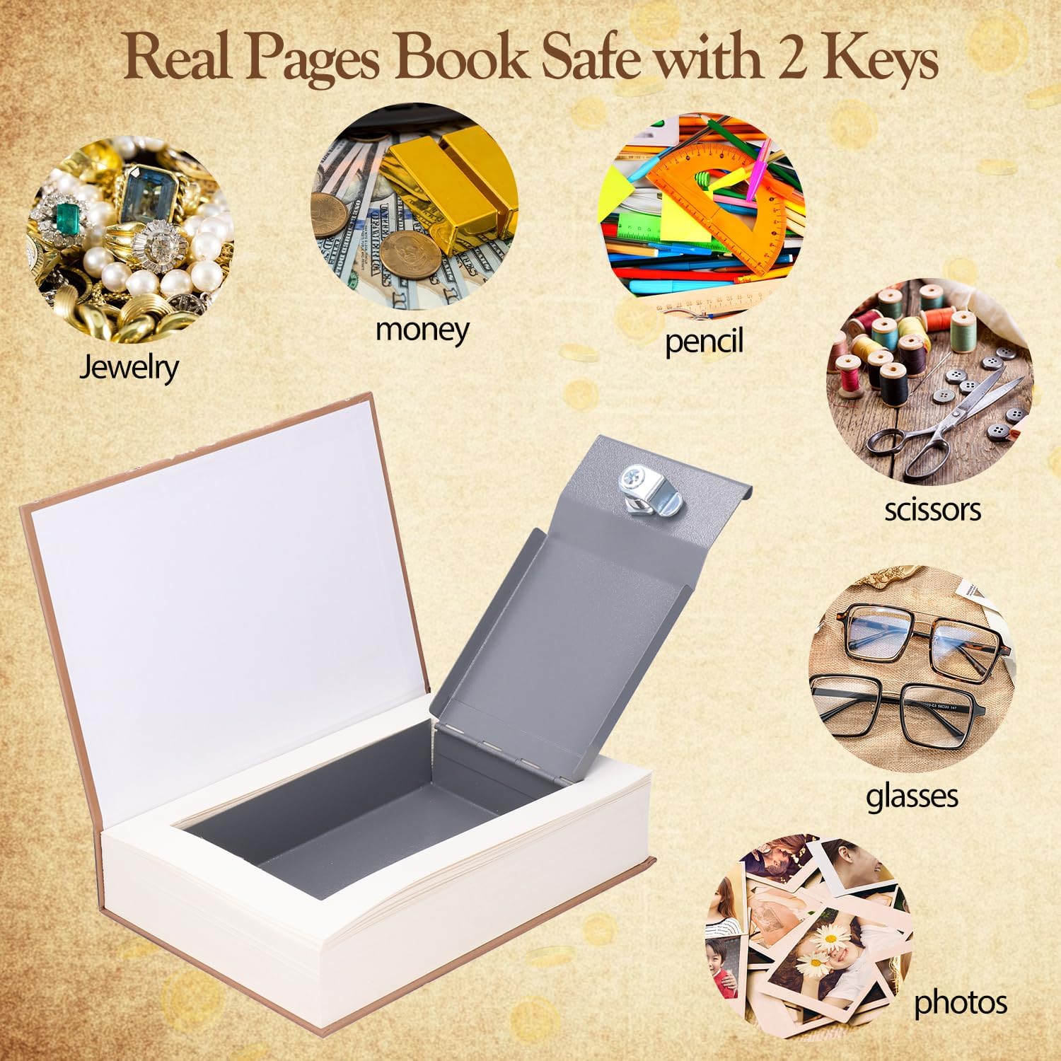 Tissting Real Pages Book Safe with 2 Keys, 22 x 15 x 4.5 cm - Hidden Diversion Safe for Cash, Jewelry, and Valuables, Perfect for Bookshelf or Desk image 4