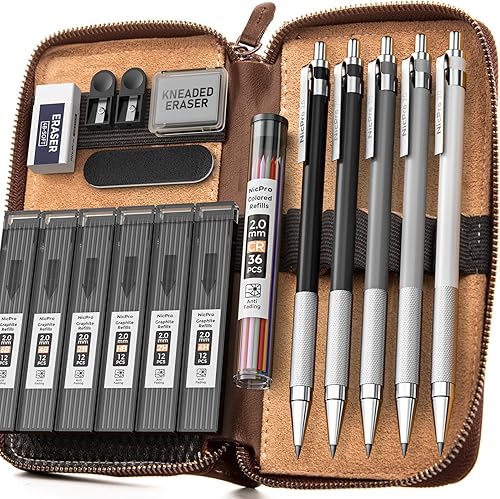 Nicpro - Juego de 17 lápices mecánicos de metal de 2 mm en estuche de cuero, 5 portaminillas de 2.0 mm (4B 2B HB 2H 4H) 6 tubos de recambios de