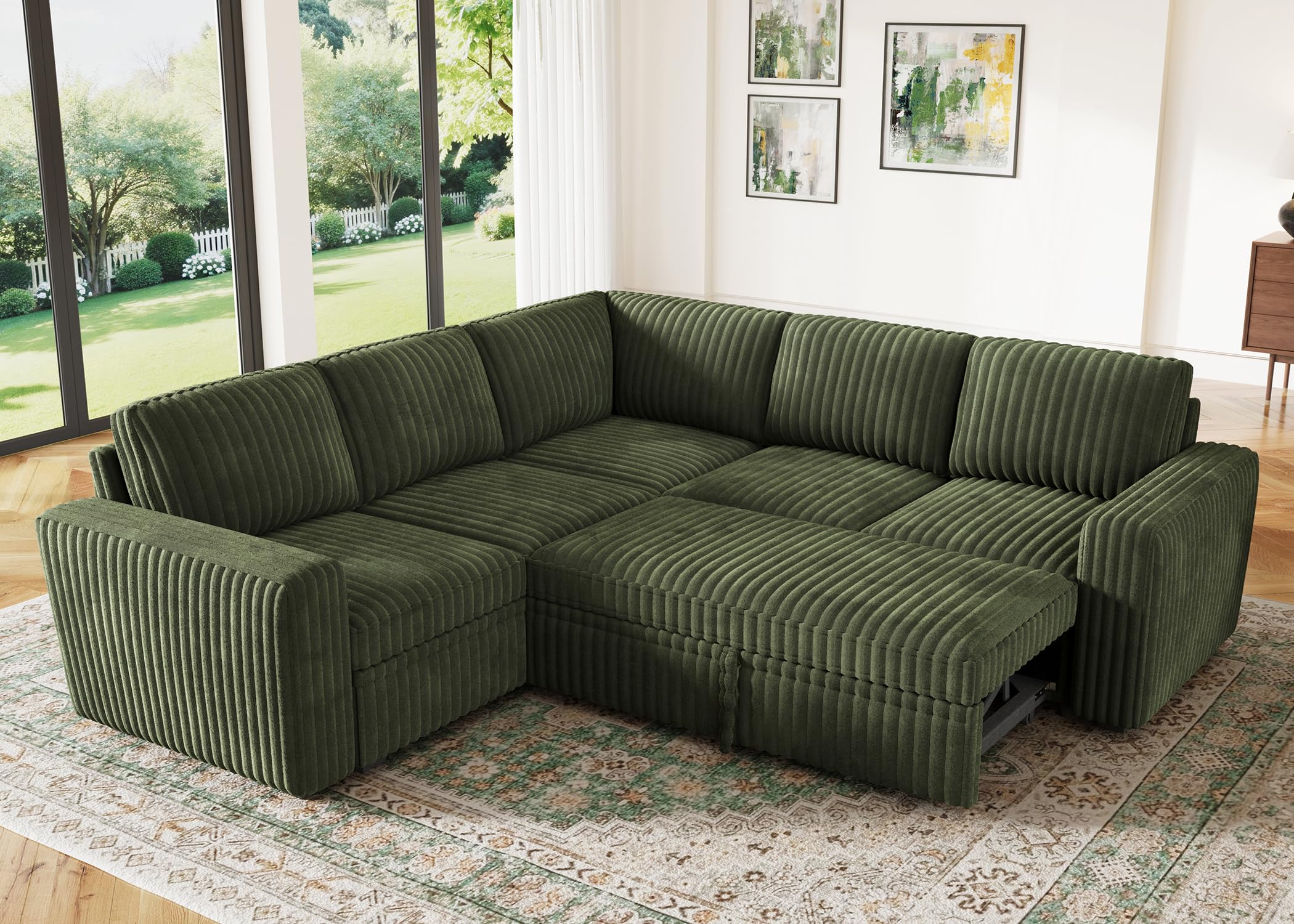 honbay modular sectional sleeper sofa with pull out bed,corduroy l shaped couch with storage, sectional couches for living room,green (left arm chair only)