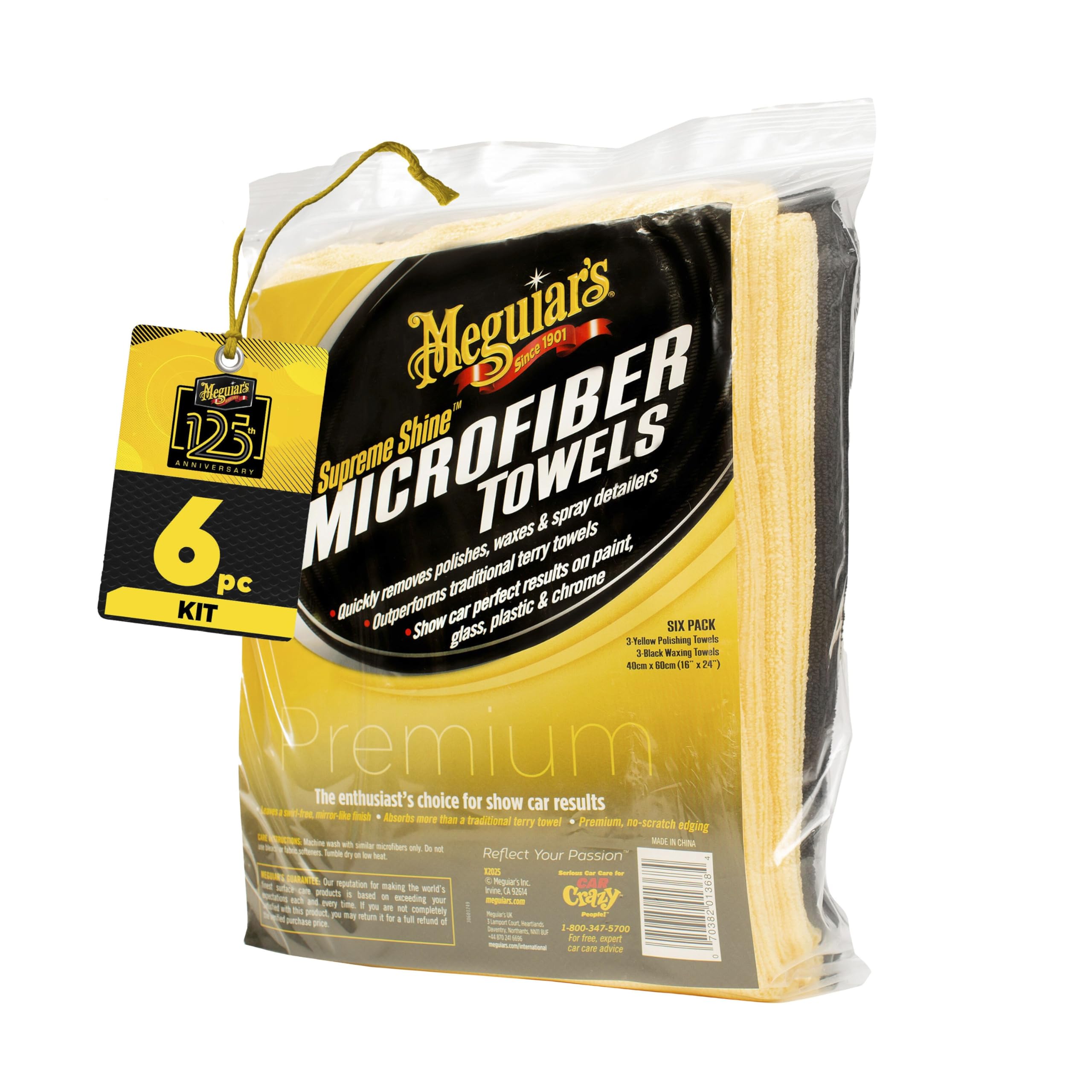 Meguiar's Supreme Shine yellow towels on a detailing cart