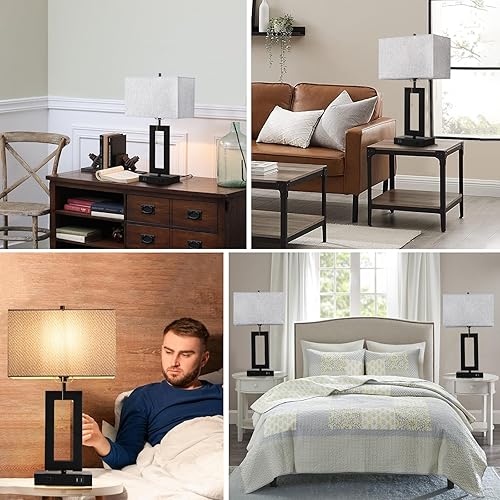 Miniatura 7 de IBBIBABO Juego de 2 lámparas de mesa industriales con 2 puertos USB y salida de CA, lámparas modernas de mesita de noche negras de 22.5 pulgadas,