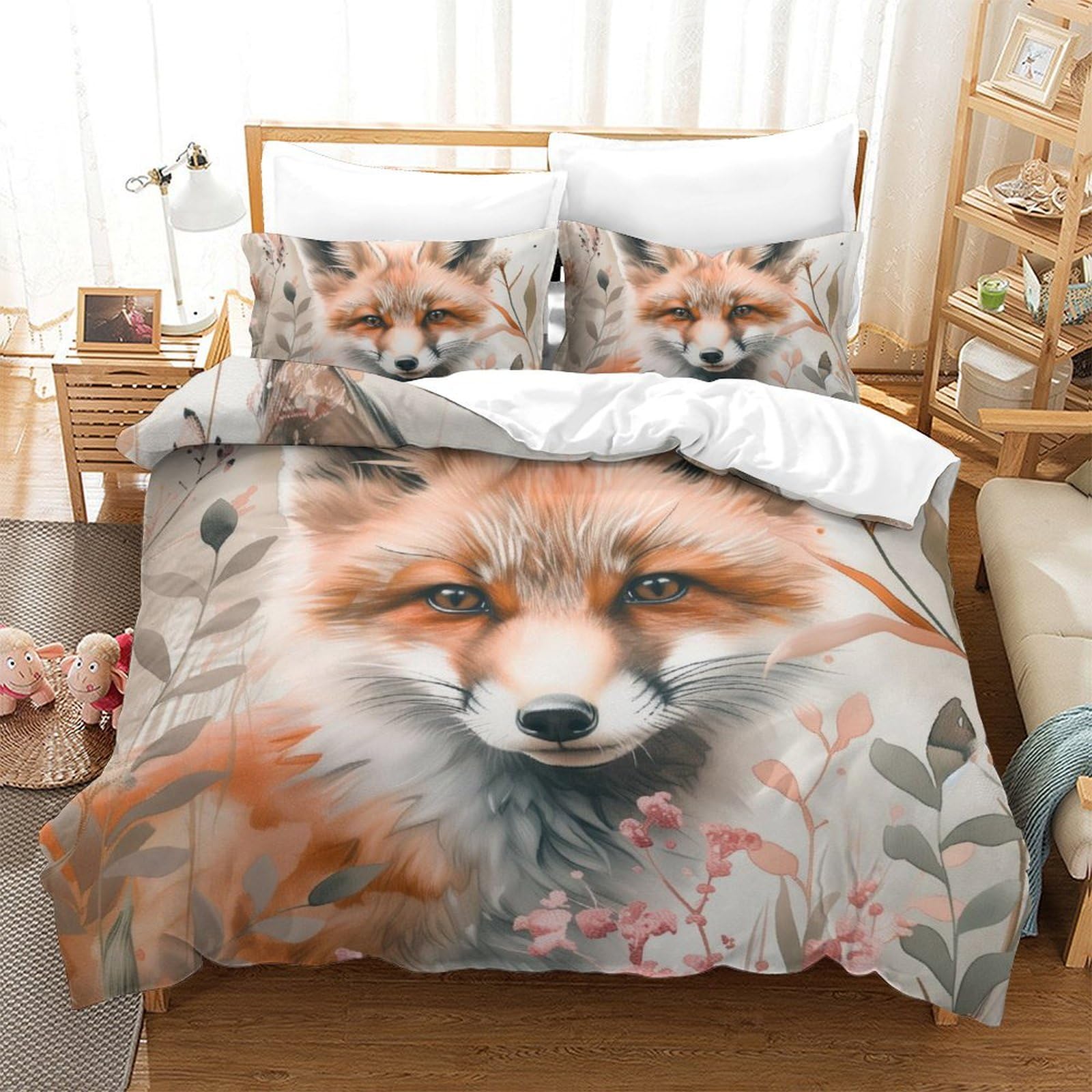 Parure de lit renard de la jungle 3D housse de couette micromatte double 200x200cm