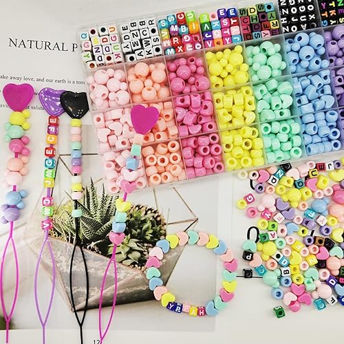 Miniatura 6 de Juego de 1605 cuentas de pelo para trenzas para niñas con banda elástica de goma, color caramelo, acrílico, Mickey, corazón, estrella, alfabeto,