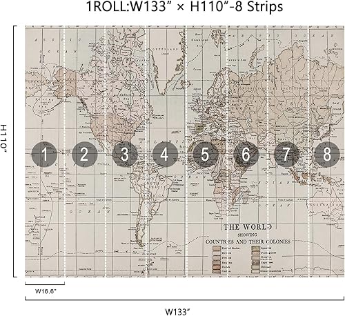 Miniatura 2 de Mural de pared de mapa del mundo vintage beige para despegar y pegar, papel tapiz de mapa del mundo gigante para guardería, habitación de niños,