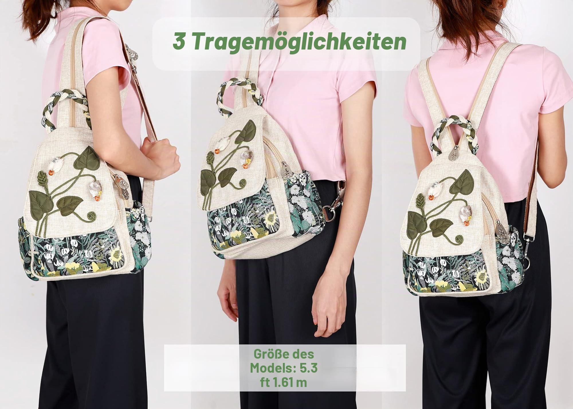 Umwandelbare Umhängetasche für Mädchen, handgefertigte Handtasche, wunderschöner, hochwertiger, lässiger Tages-Mini-Rucksack aus Segeltuch für Frauen in Grün