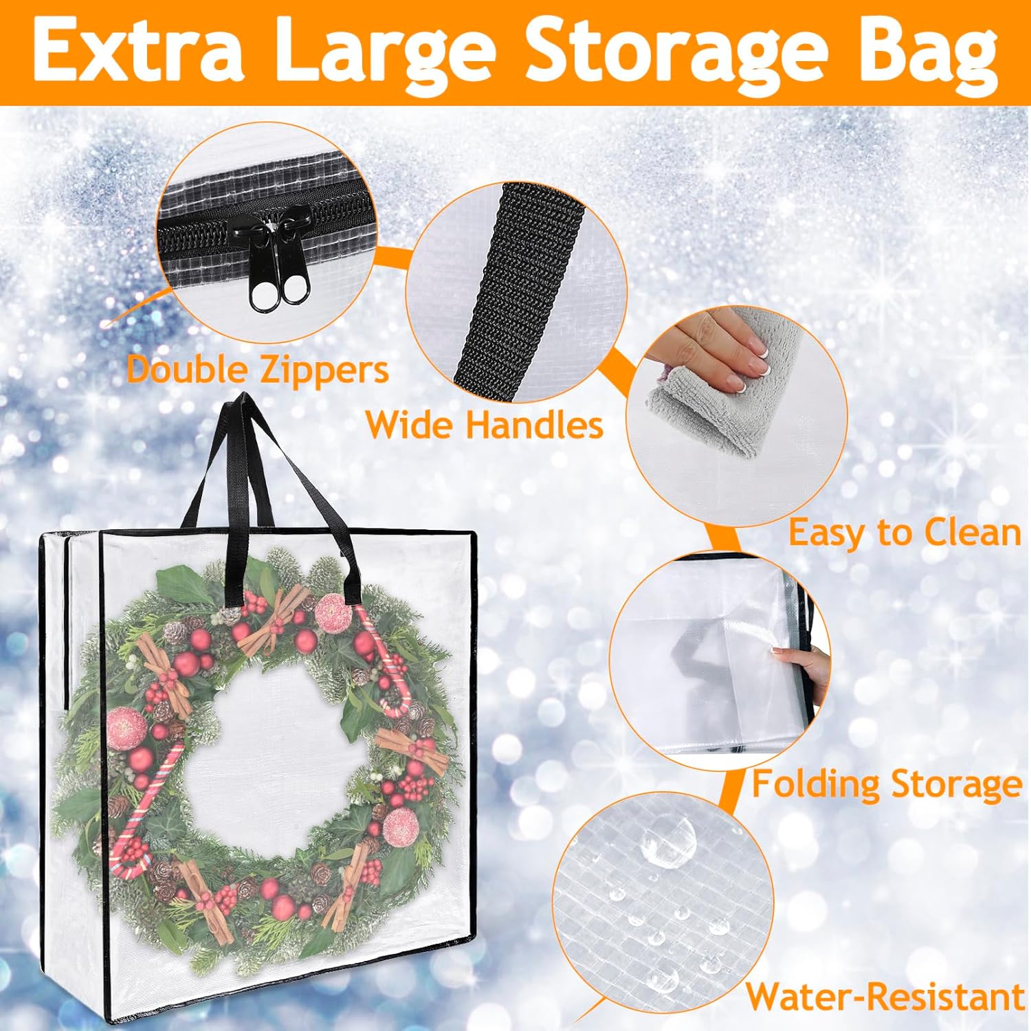 5 Pack Wreath Storage Bag, 25.6 Inch Clear Christmas Wreath Storage Container, Wreaths Organizers Bags with Zipper Handles, Large Plastic Garland Container for Wreaths Bedding Gifts, Square