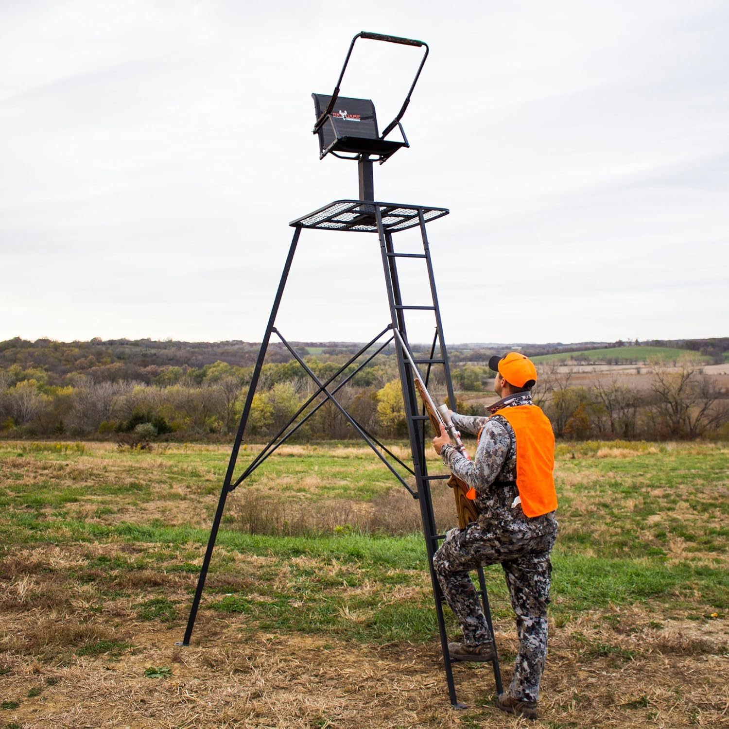 Big Game The Defender Tripod Stand, 1 Person Deer Hunting Climbing Ladder with Rotating Flex-Tek Seat and Shooting Rail, 12.5'