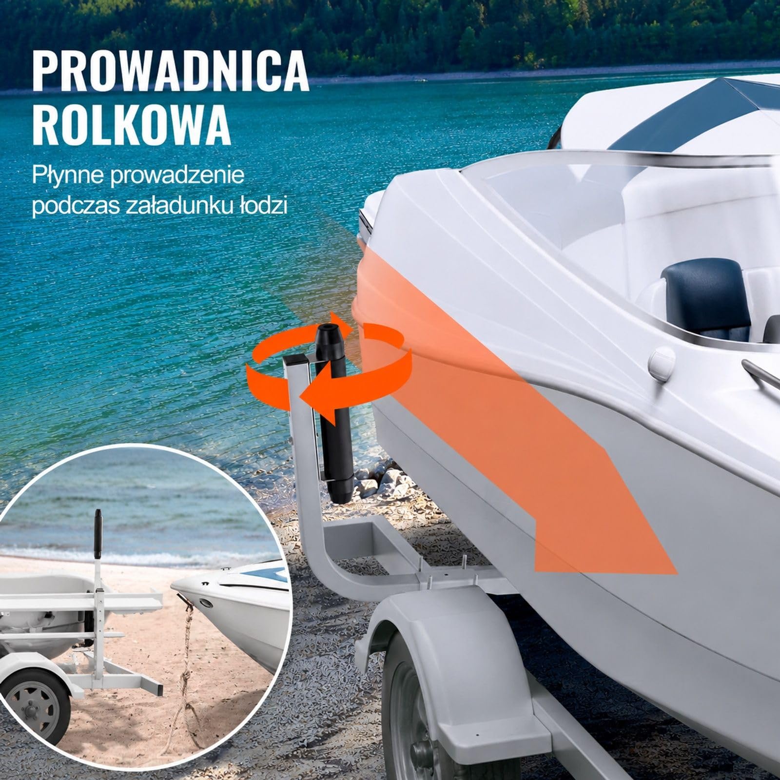 Zestaw słupków prowadzących do przyczepy łodziowej w kształcie L z czarnymi rolkami, stalową konstrukcją i regulowanym montażem