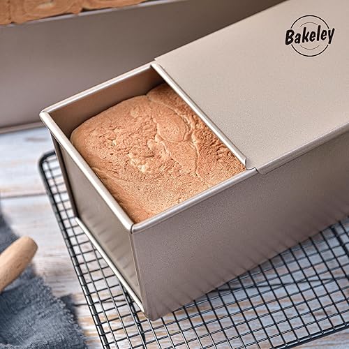 Miniatura 7 de Bakeley Molde comercial Pullman con tapa, capacidad de masa antiadherente, rectangular, plana, tostada, para horno, 13.6 x 5.4 x 4.7 pulgadas (oro