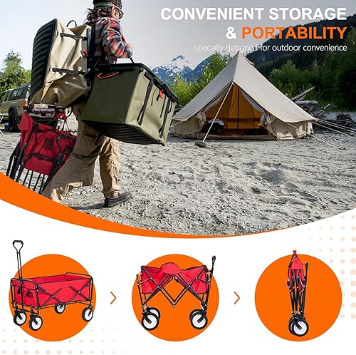 Miniatura 3 de Carro de jardín plegable con gran capacidad, carrito de utilidad portátil resistente para playa, camping, jardín, compras, color rojo