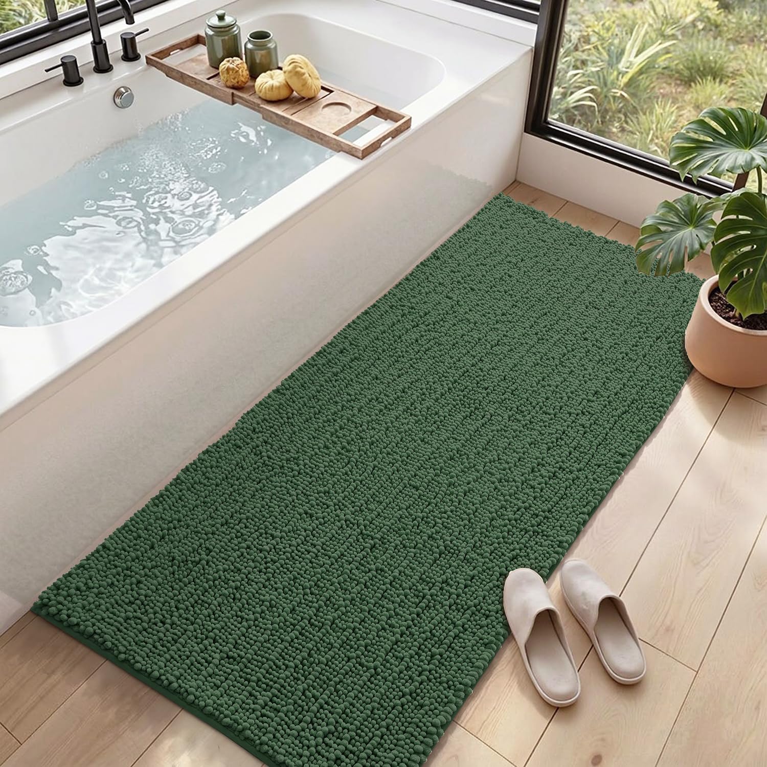 DEXI Bathroom Rugs 24x60, Super Soft Thick Chenille Absorbent Bath Mat, Non Slip Machine Washable Fluffy Shag Bathmat for Tub, Shower Floor, Dark Green