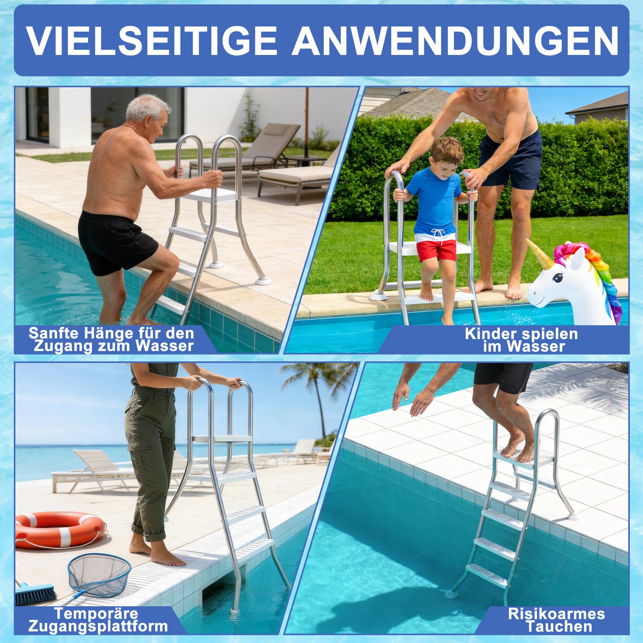 LZQ Échelle de piscine en acier inoxydable avec 3 marches - Antidérapant - Pour piscines partiellement encastrées - Capacité de charge de 150 kg - Marches antidérapantes - Convient pour les piscines