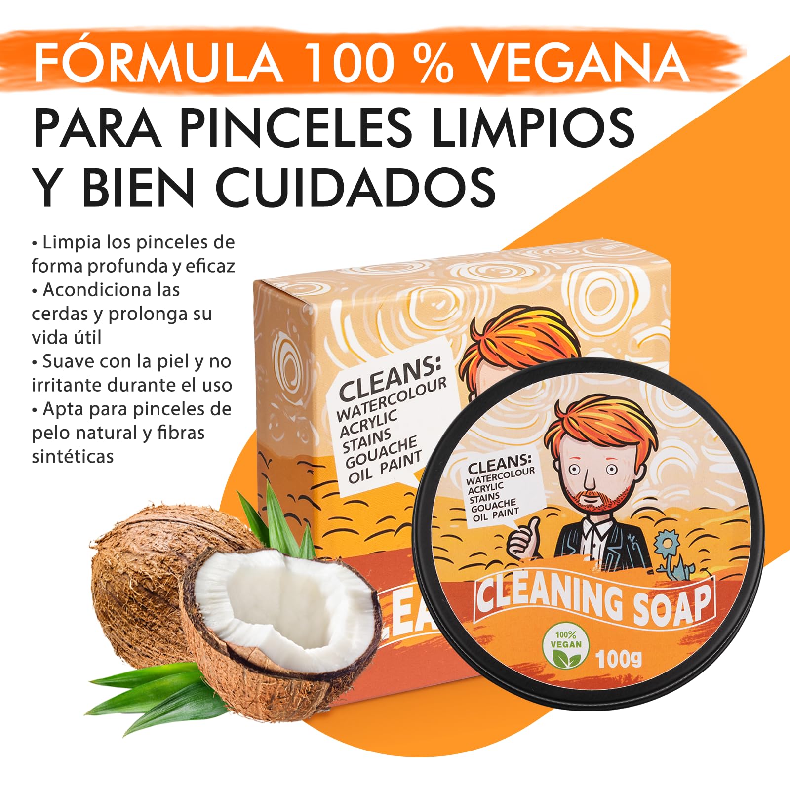 Limpiador de Pinceles para Acrílica y Acuarela – 100% 100g de Jabón Vegano con Cepillo + Alfombrilla de Limpieza, Jabón Profesional Natural para La Limpieza de Todos los Pinceles | Brush Cleaner